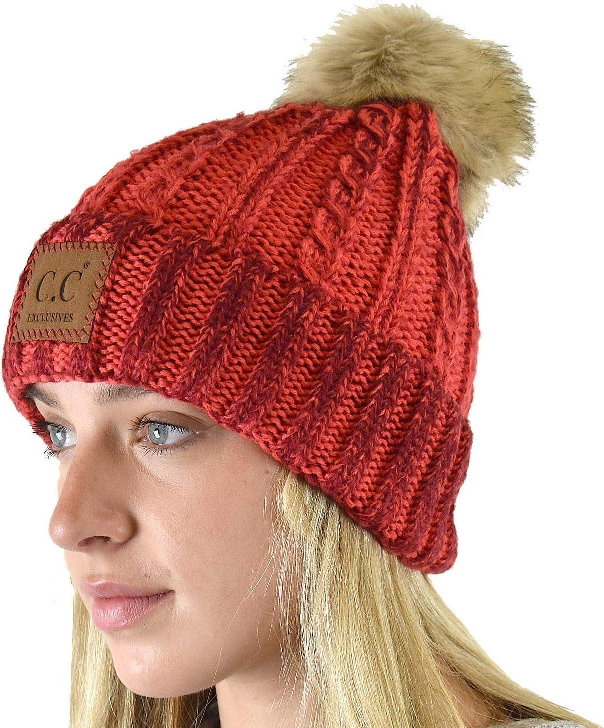imageCC Thick Cable Knit Faux Fuzzy Fur Pom Skull Cap Cuff BeanieCenter Patch Red