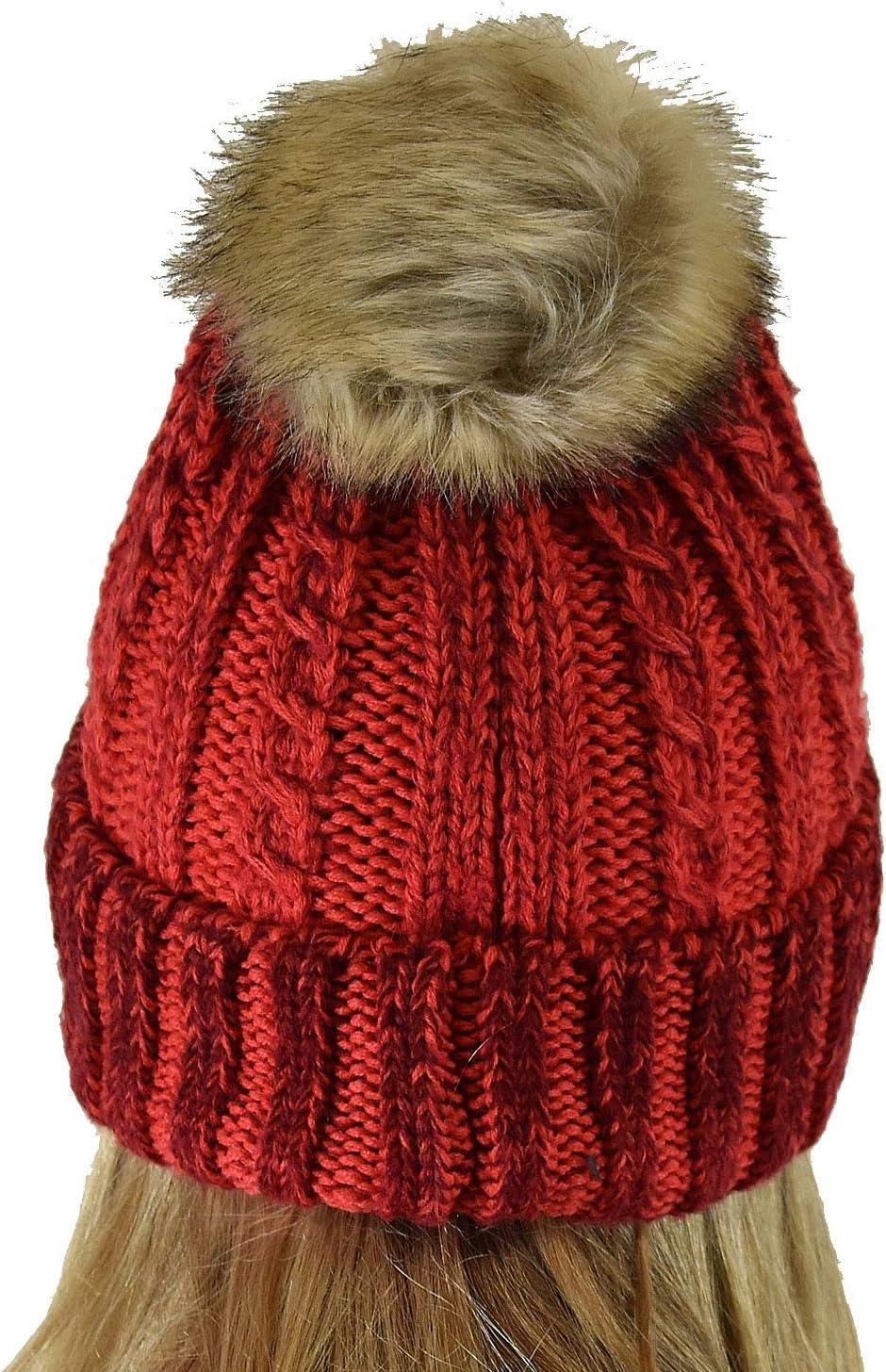 imageCC Thick Cable Knit Faux Fuzzy Fur Pom Skull Cap Cuff BeanieCenter Patch Red