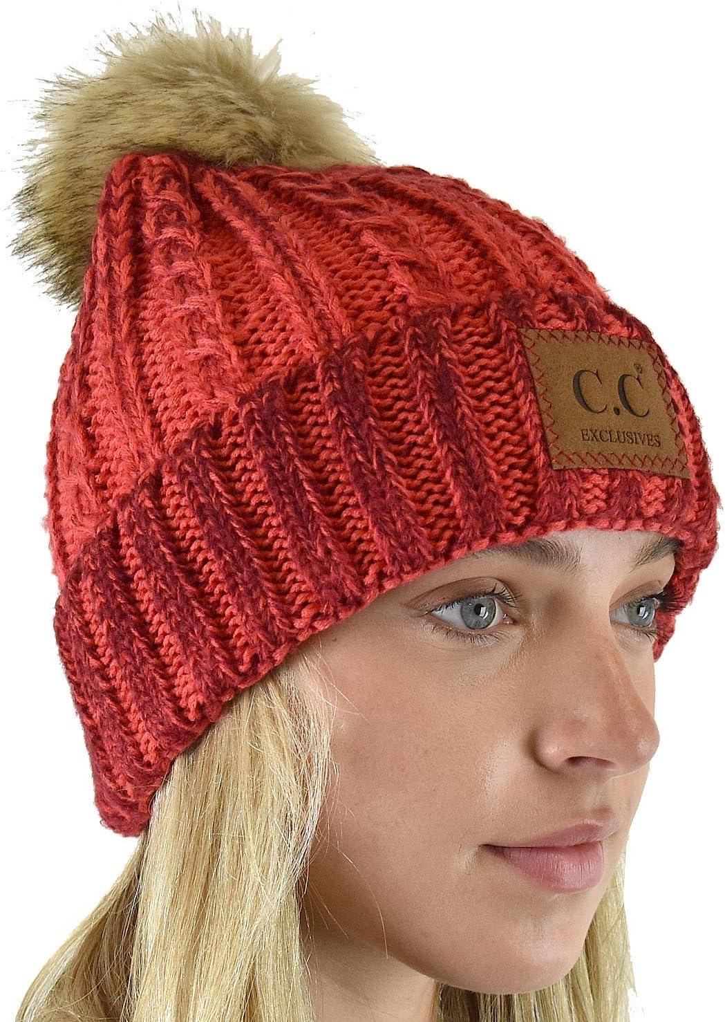 imageCC Thick Cable Knit Faux Fuzzy Fur Pom Skull Cap Cuff BeanieCenter Patch Red