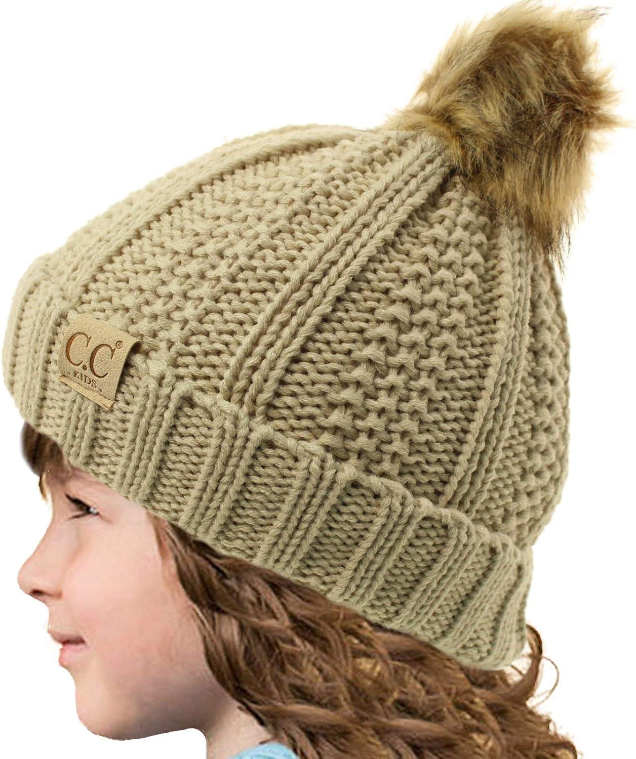 imageCC Toddler Sherpa Fuzzy Lining Baby Beanie Hat for Kid Chunky Knitted with Pom Pom for Boys Girls Ages 25 YearsBeige