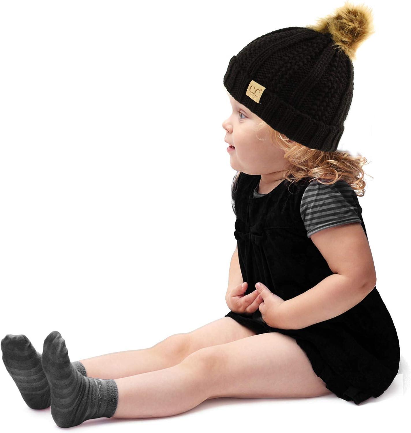 imageCC Toddler Sherpa Fuzzy Lining Baby Beanie Hat for Kid Chunky Knitted with Pom Pom for Boys Girls Ages 25 YearsBlack