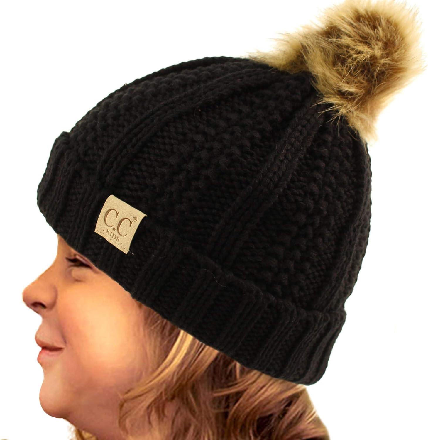 imageCC Toddler Sherpa Fuzzy Lining Baby Beanie Hat for Kid Chunky Knitted with Pom Pom for Boys Girls Ages 25 YearsBlack