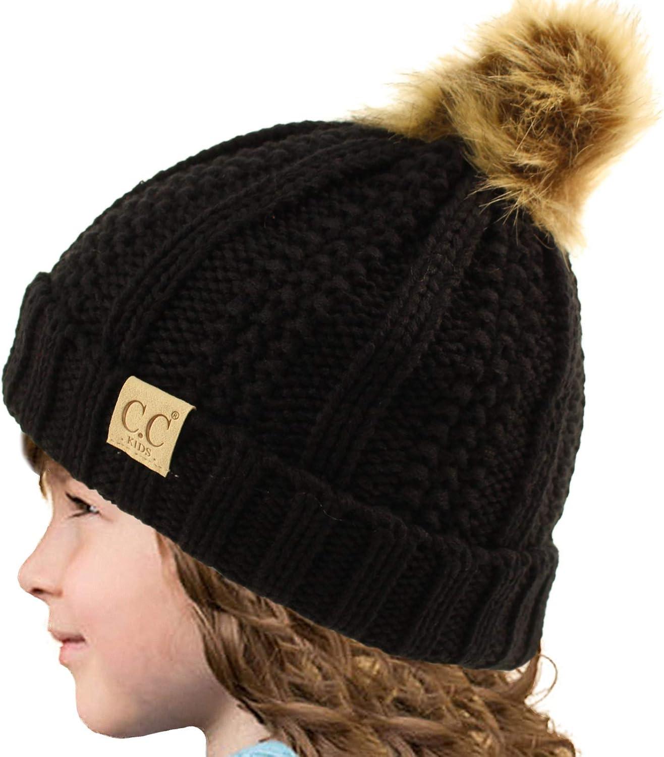 imageCC Toddler Sherpa Fuzzy Lining Baby Beanie Hat for Kid Chunky Knitted with Pom Pom for Boys Girls Ages 25 YearsBlack