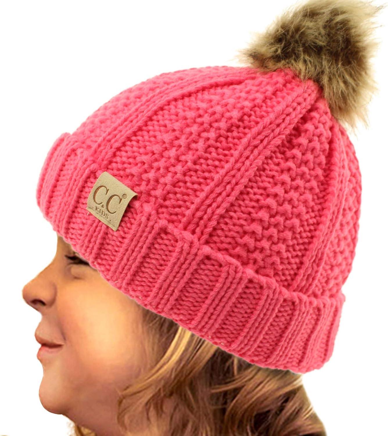 imageCC Toddler Sherpa Fuzzy Lining Baby Beanie Hat for Kid Chunky Knitted with Pom Pom for Boys Girls Ages 25 YearsCandy Pink