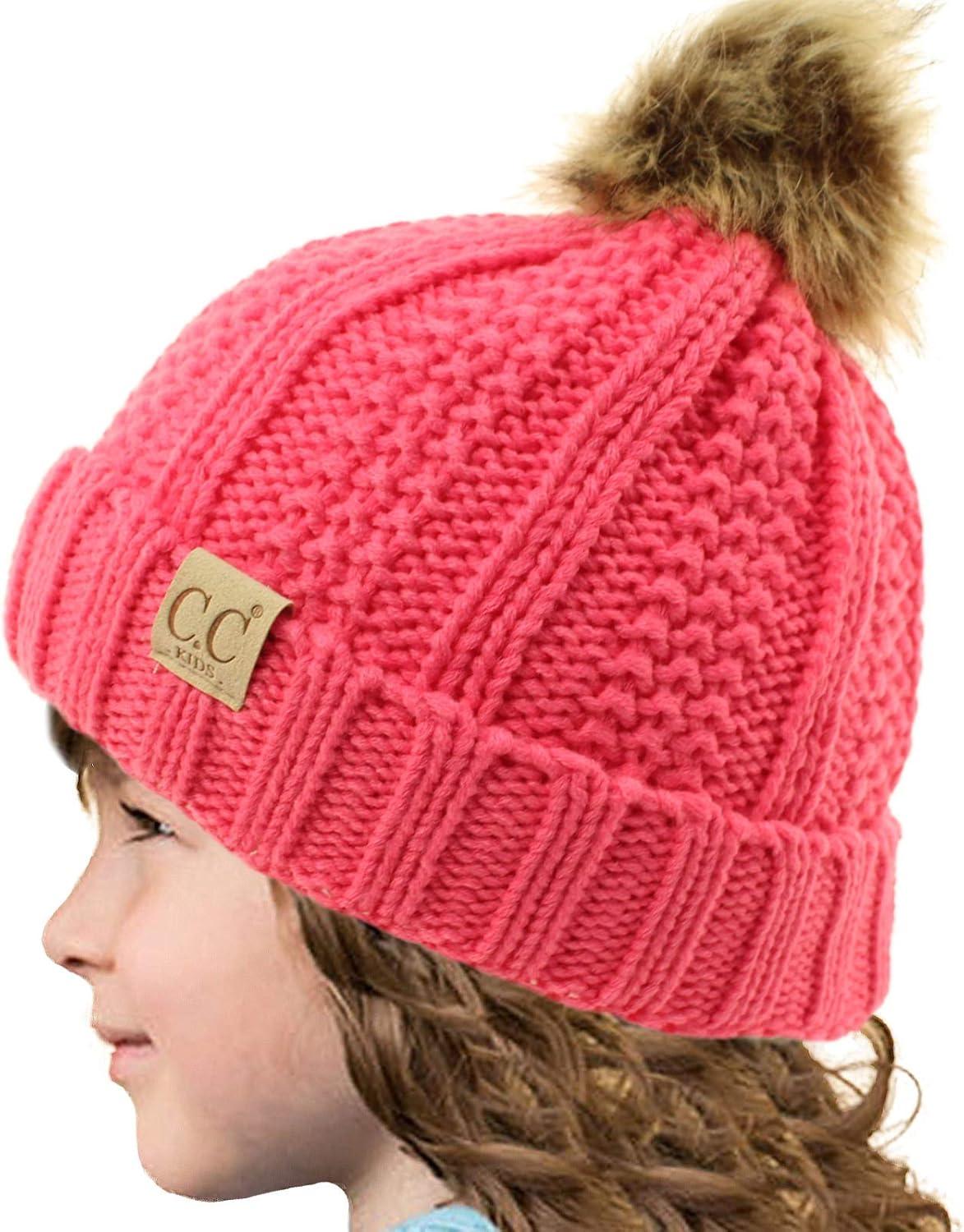 imageCC Toddler Sherpa Fuzzy Lining Baby Beanie Hat for Kid Chunky Knitted with Pom Pom for Boys Girls Ages 25 YearsCandy Pink