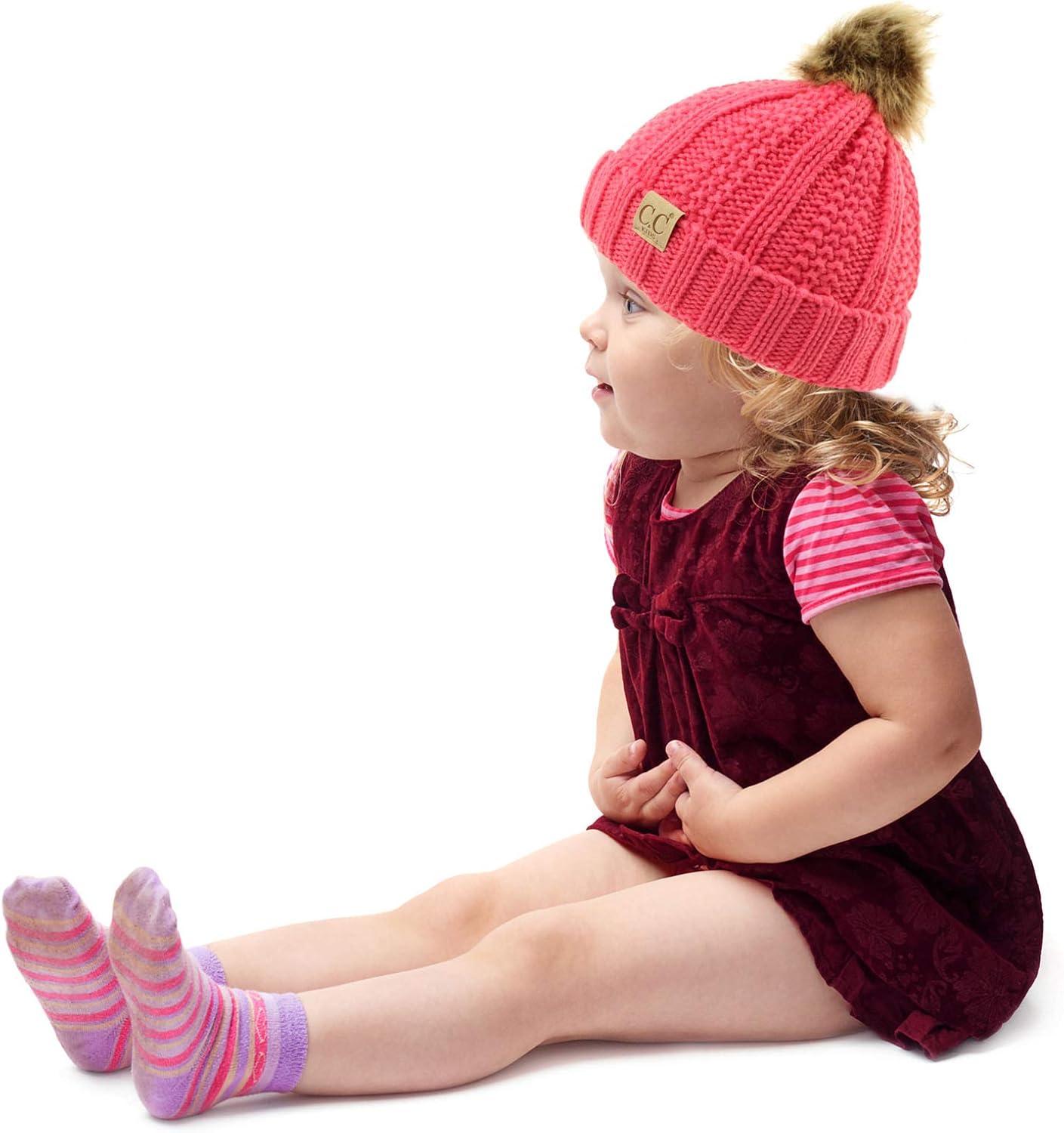 imageCC Toddler Sherpa Fuzzy Lining Baby Beanie Hat for Kid Chunky Knitted with Pom Pom for Boys Girls Ages 25 YearsCandy Pink