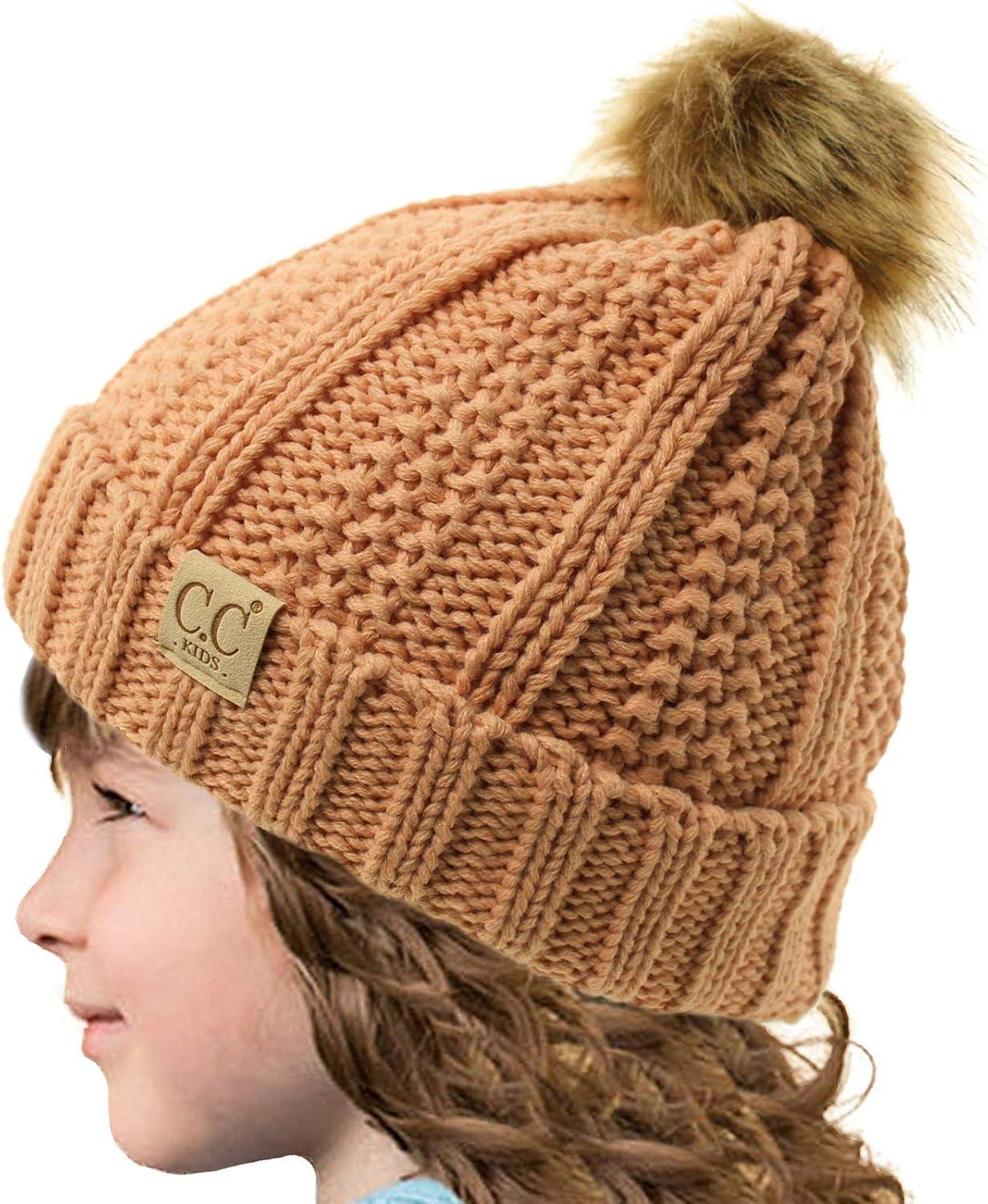imageCC Toddler Sherpa Fuzzy Lining Baby Beanie Hat for Kid Chunky Knitted with Pom Pom for Boys Girls Ages 25 YearsIndi Pink