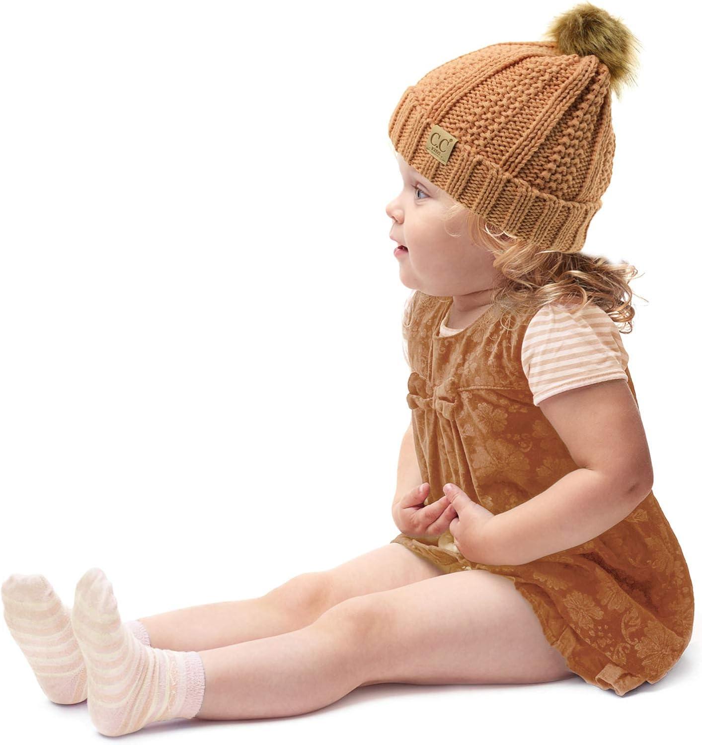 imageCC Toddler Sherpa Fuzzy Lining Baby Beanie Hat for Kid Chunky Knitted with Pom Pom for Boys Girls Ages 25 YearsIndi Pink