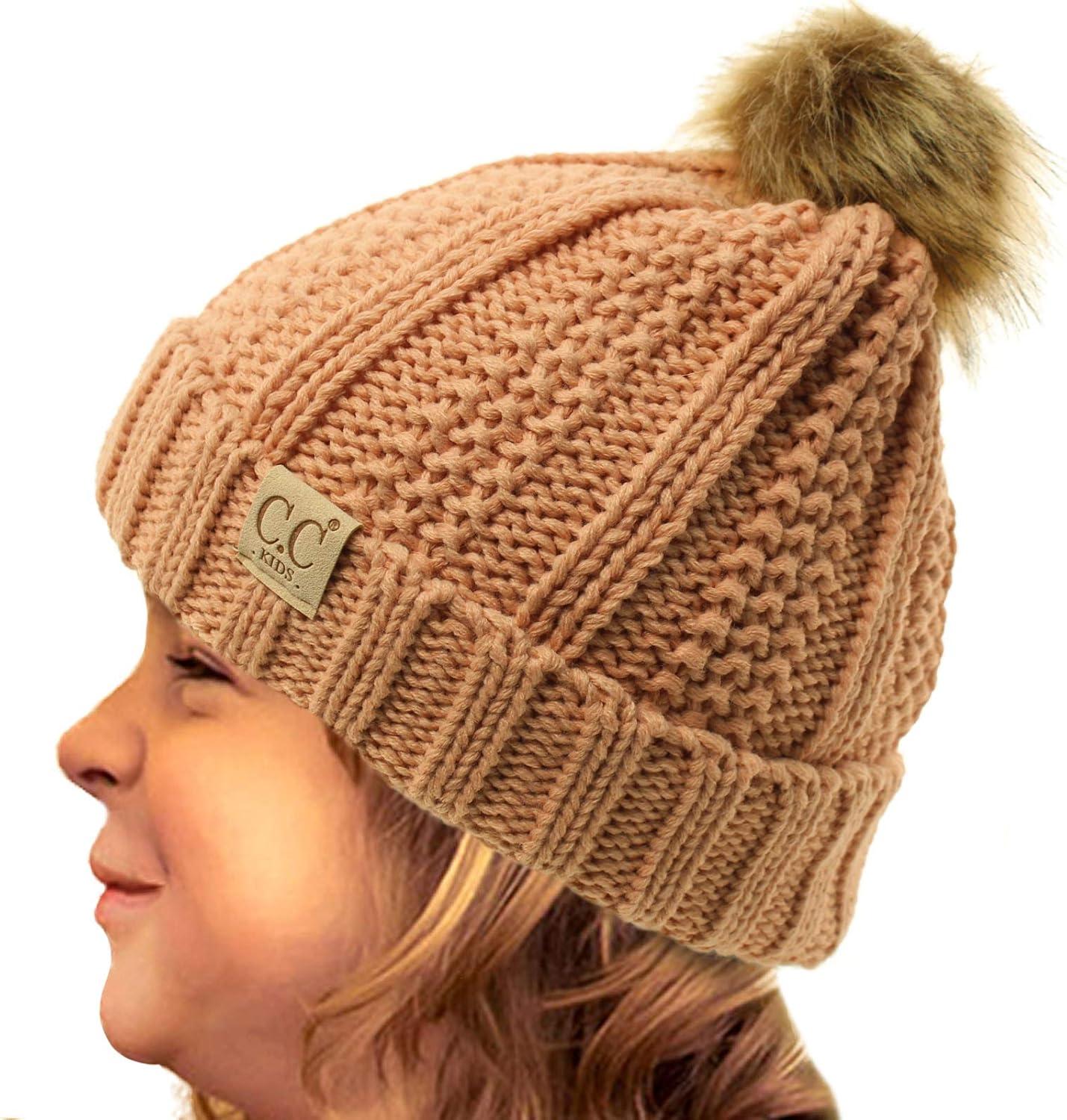 imageCC Toddler Sherpa Fuzzy Lining Baby Beanie Hat for Kid Chunky Knitted with Pom Pom for Boys Girls Ages 25 YearsIndi Pink