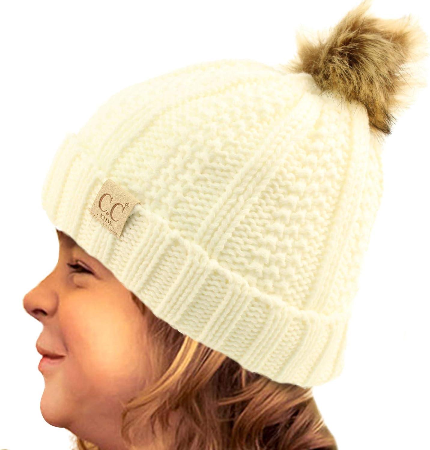 imageCC Toddler Sherpa Fuzzy Lining Baby Beanie Hat for Kid Chunky Knitted with Pom Pom for Boys Girls Ages 25 YearsIvory