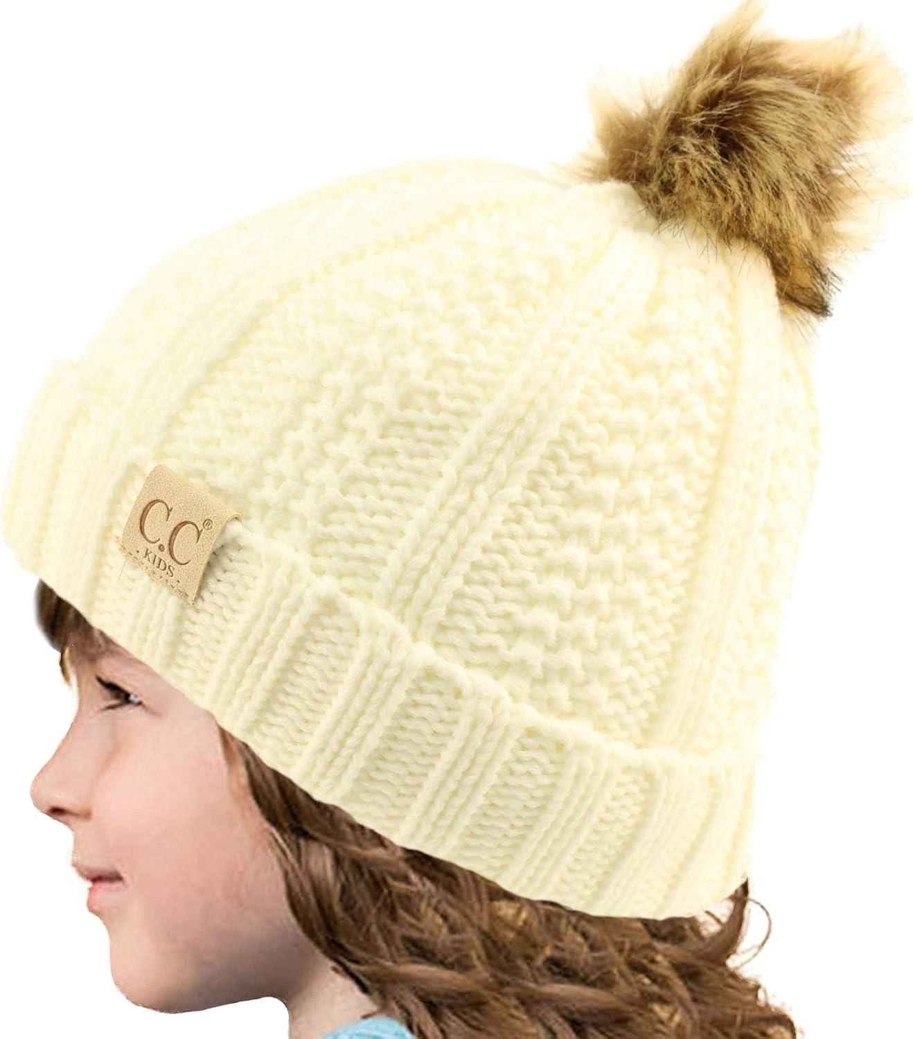 imageCC Toddler Sherpa Fuzzy Lining Baby Beanie Hat for Kid Chunky Knitted with Pom Pom for Boys Girls Ages 25 YearsIvory