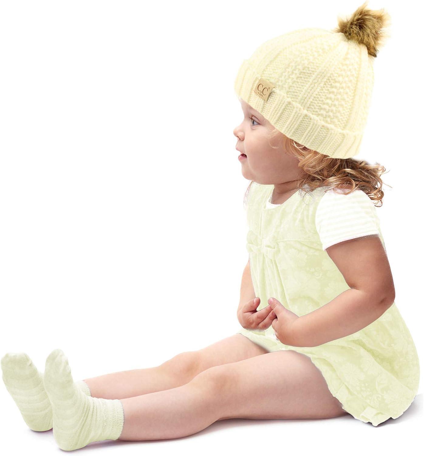 imageCC Toddler Sherpa Fuzzy Lining Baby Beanie Hat for Kid Chunky Knitted with Pom Pom for Boys Girls Ages 25 YearsIvory