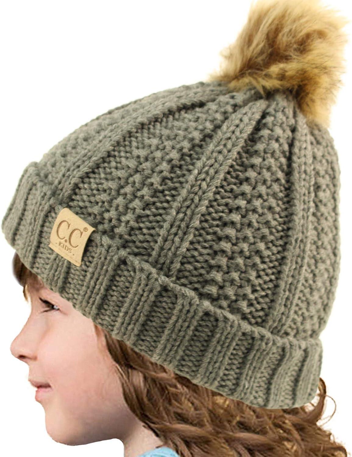 imageCC Toddler Sherpa Fuzzy Lining Baby Beanie Hat for Kid Chunky Knitted with Pom Pom for Boys Girls Ages 25 YearsLt Melange Gray