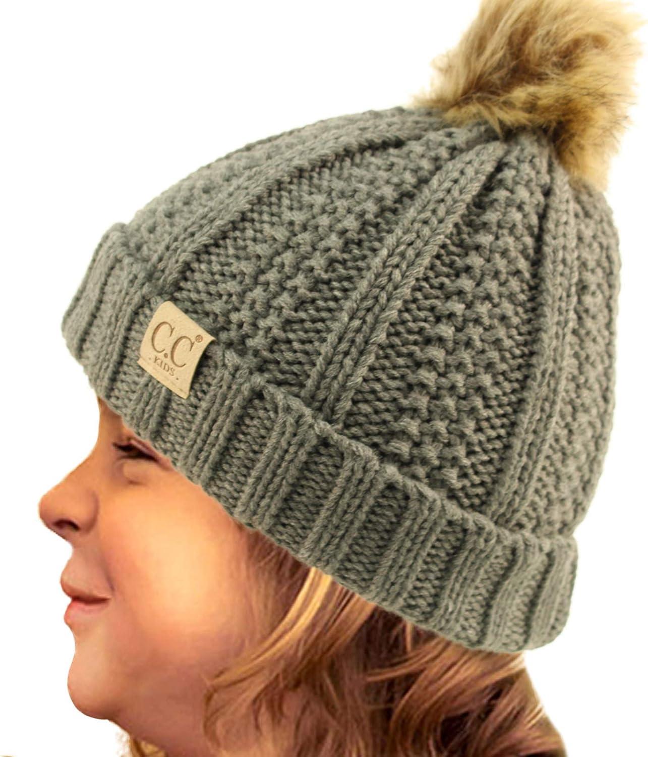 imageCC Toddler Sherpa Fuzzy Lining Baby Beanie Hat for Kid Chunky Knitted with Pom Pom for Boys Girls Ages 25 YearsLt Melange Gray