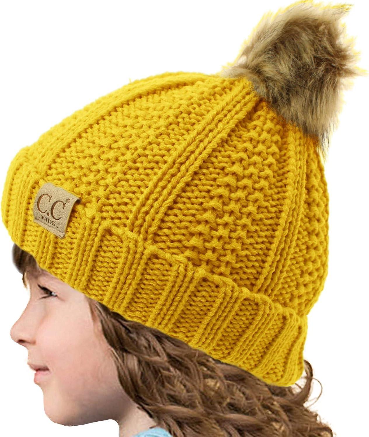 imageCC Toddler Sherpa Fuzzy Lining Baby Beanie Hat for Kid Chunky Knitted with Pom Pom for Boys Girls Ages 25 YearsMustard