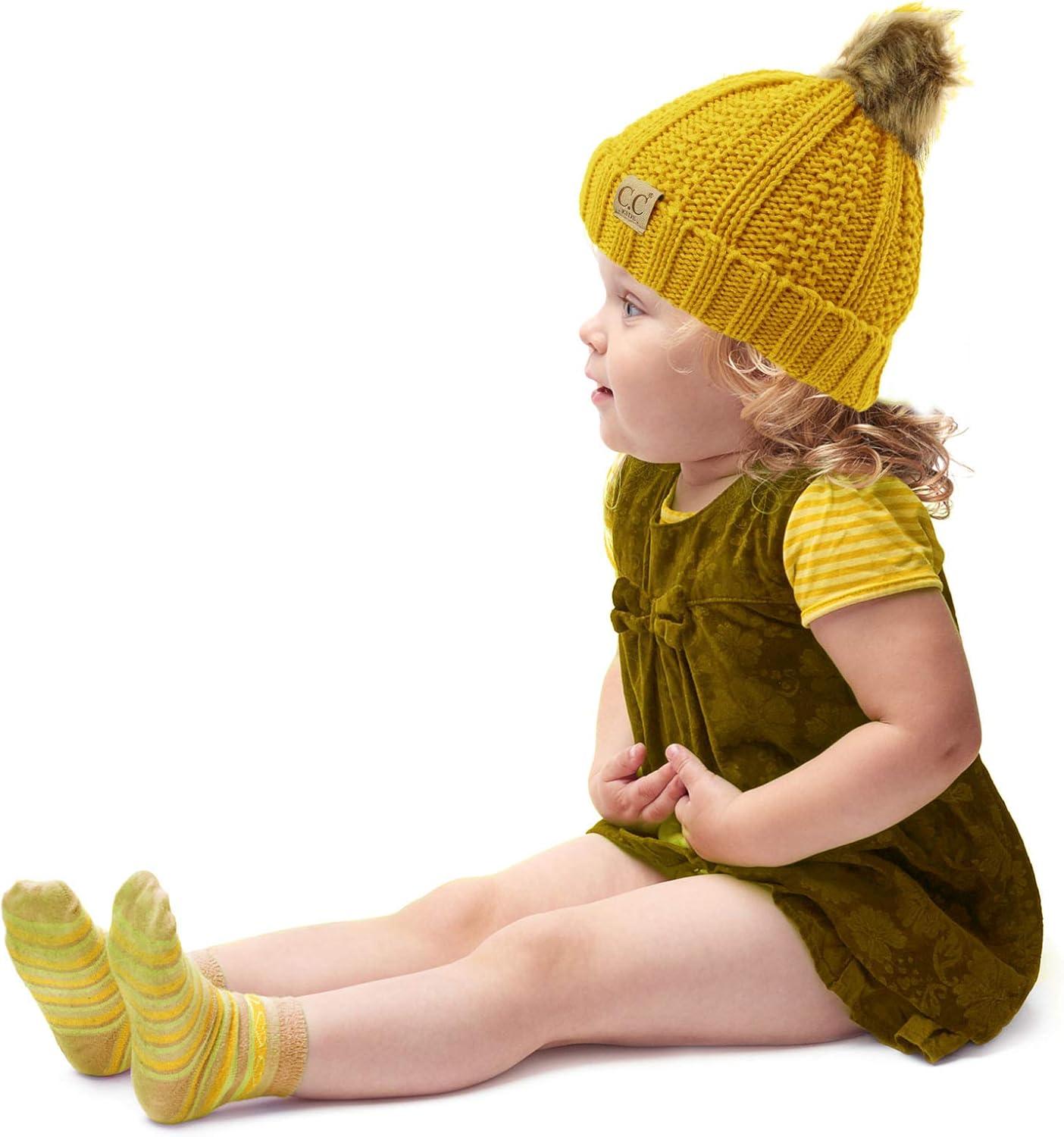 imageCC Toddler Sherpa Fuzzy Lining Baby Beanie Hat for Kid Chunky Knitted with Pom Pom for Boys Girls Ages 25 YearsMustard