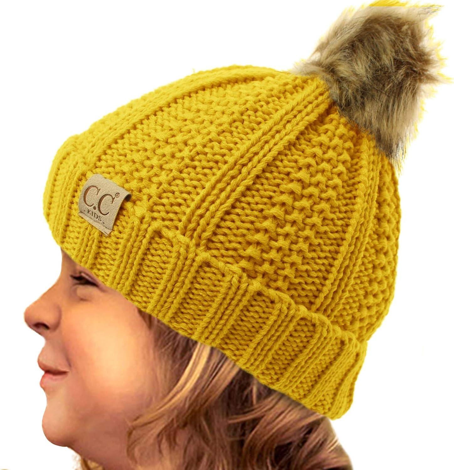 imageCC Toddler Sherpa Fuzzy Lining Baby Beanie Hat for Kid Chunky Knitted with Pom Pom for Boys Girls Ages 25 YearsMustard