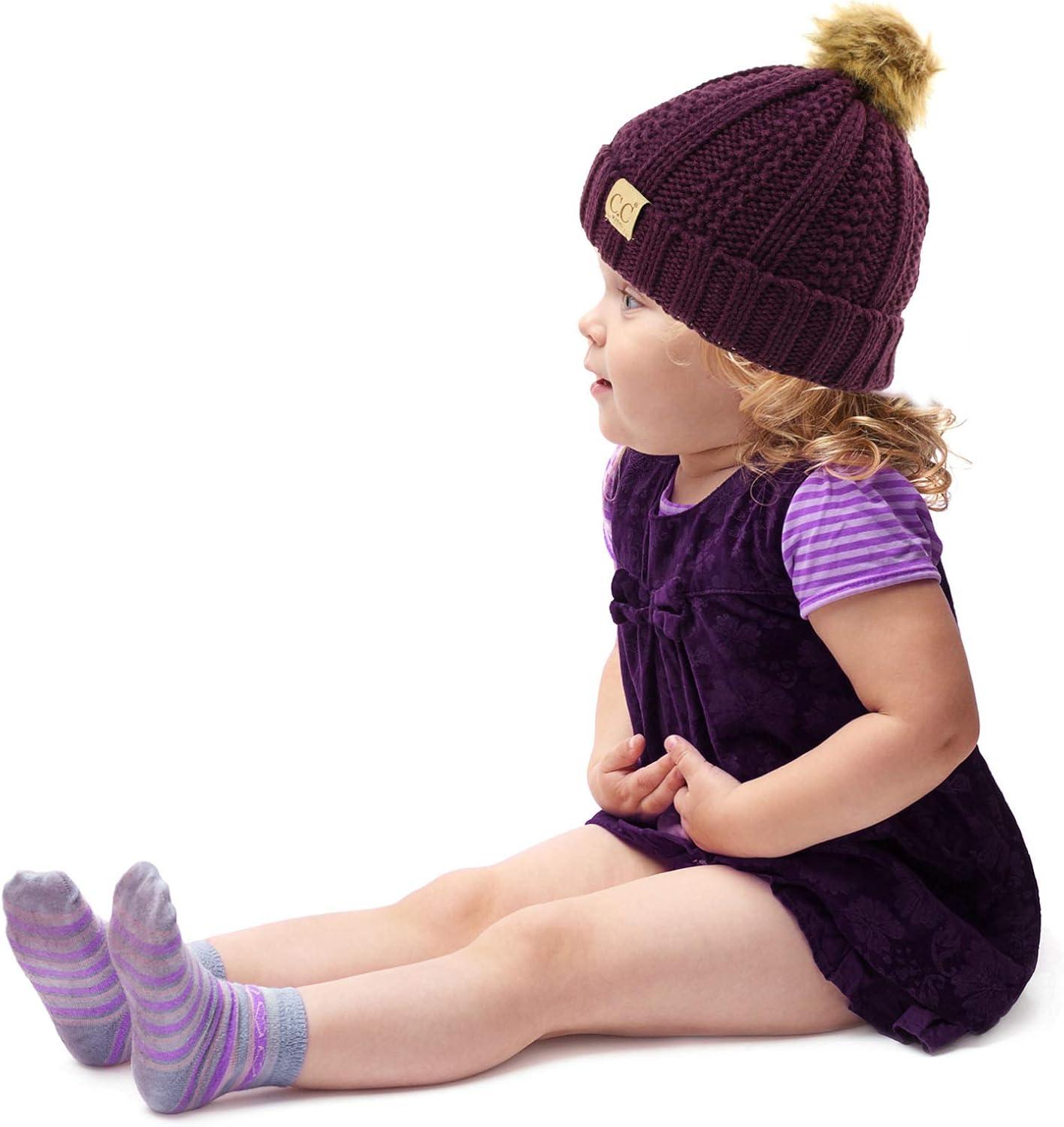 imageCC Toddler Sherpa Fuzzy Lining Baby Beanie Hat for Kid Chunky Knitted with Pom Pom for Boys Girls Ages 25 YearsPurple