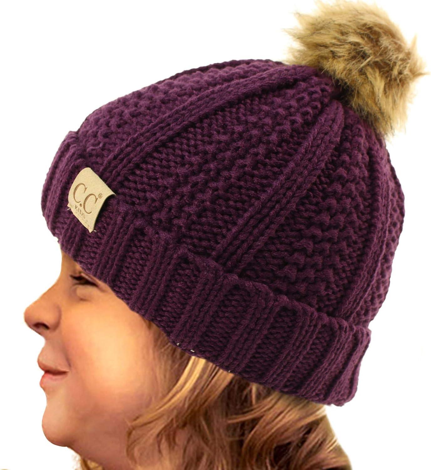 imageCC Toddler Sherpa Fuzzy Lining Baby Beanie Hat for Kid Chunky Knitted with Pom Pom for Boys Girls Ages 25 YearsPurple