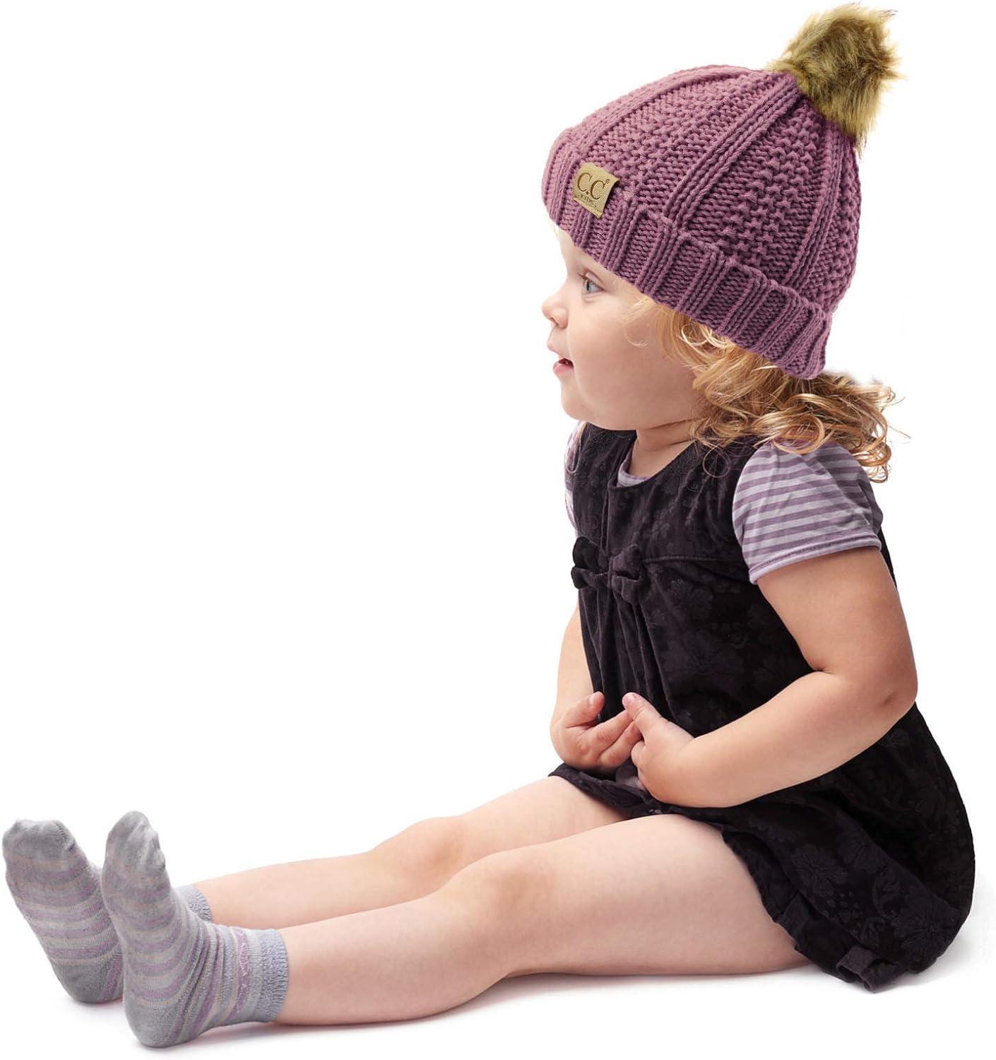 imageCC Toddler Sherpa Fuzzy Lining Baby Beanie Hat for Kid Chunky Knitted with Pom Pom for Boys Girls Ages 25 YearsViolet