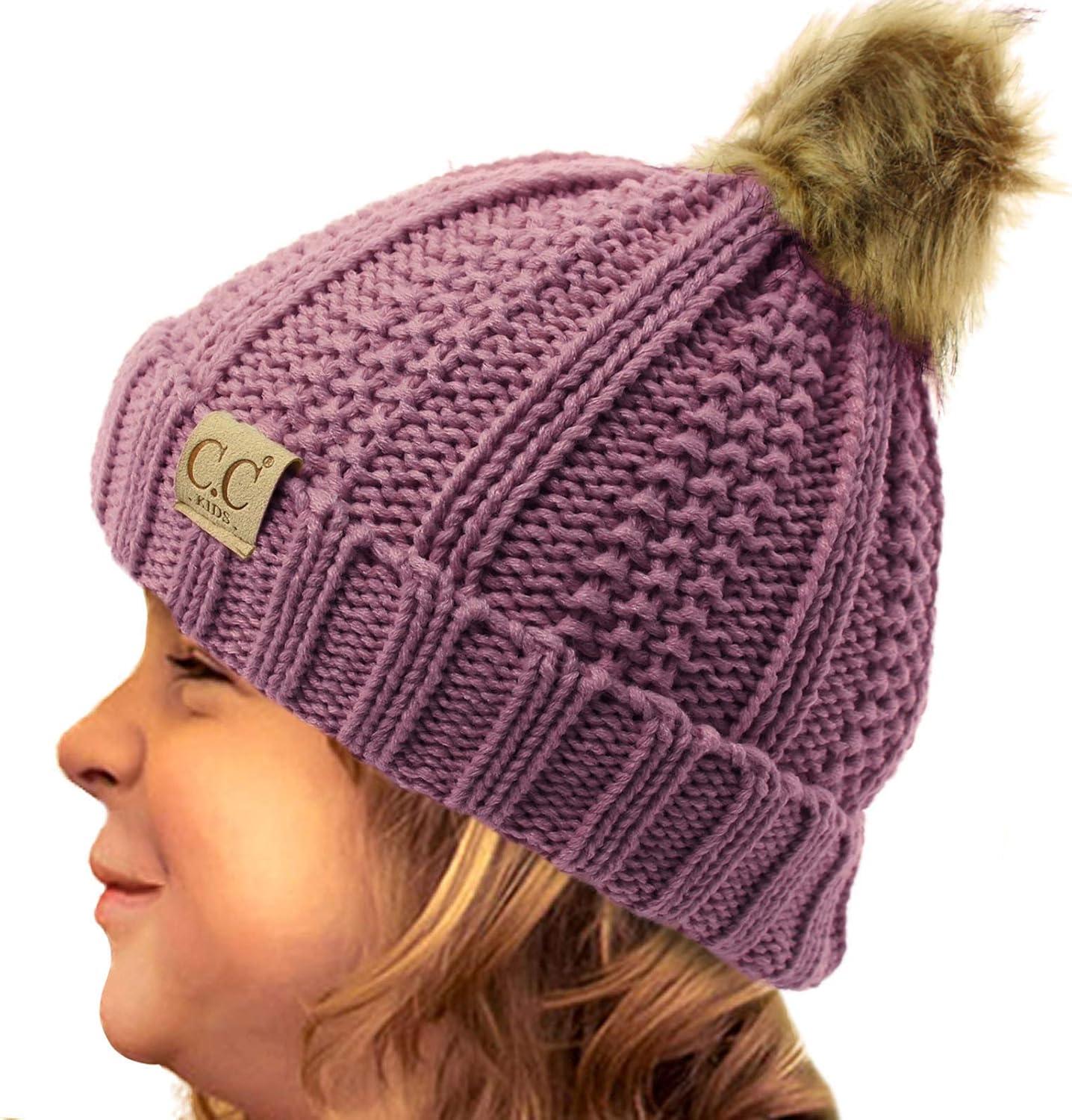 imageCC Toddler Sherpa Fuzzy Lining Baby Beanie Hat for Kid Chunky Knitted with Pom Pom for Boys Girls Ages 25 YearsViolet