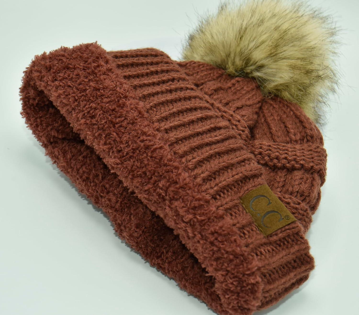 imageCC Trendy Fuzzy Fleece Lined Warm Comfortable Soft Stretch Cable Knit Ribbed Faux Fur Pom Pom Beanie HatBrick