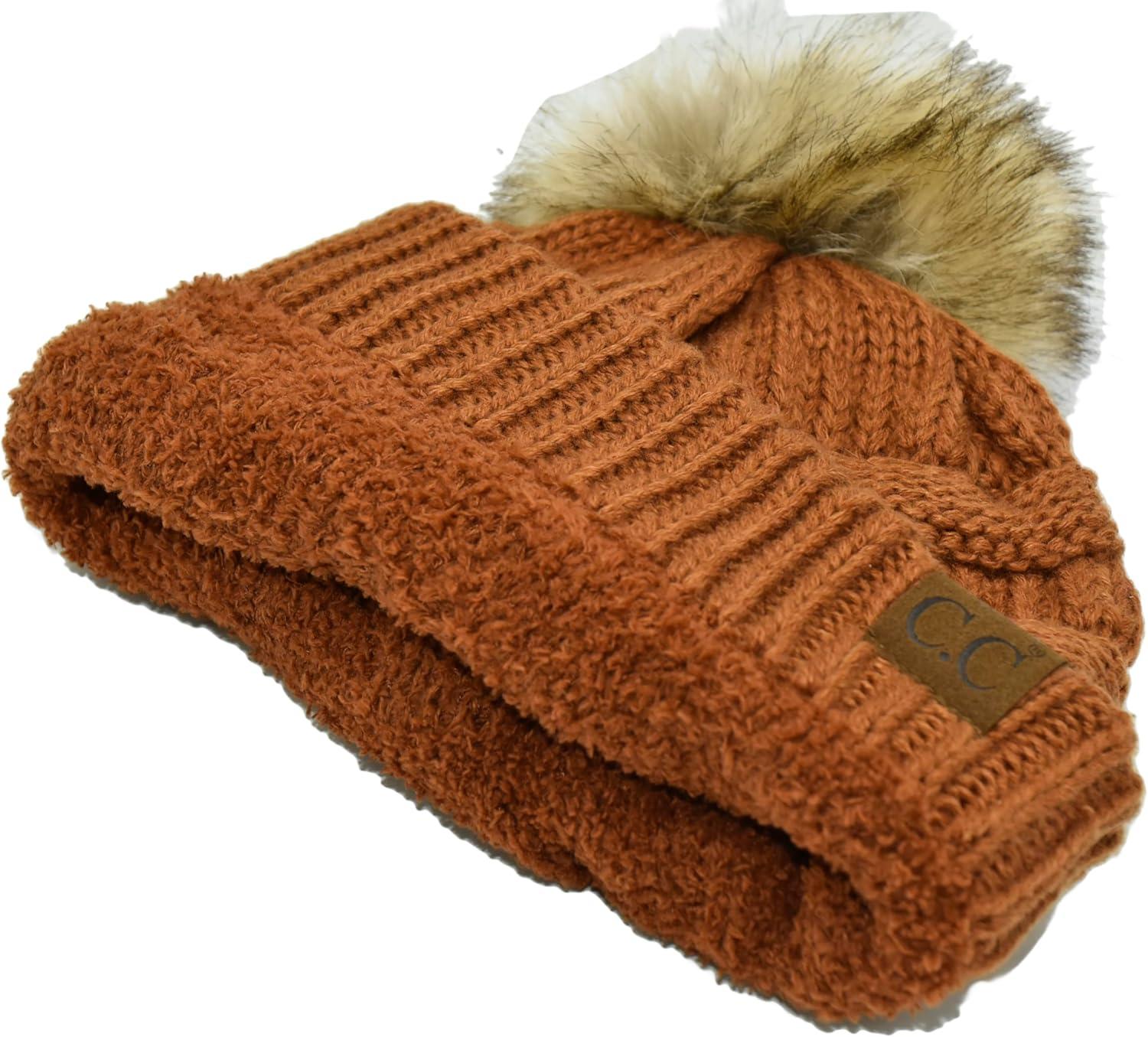 imageCC Trendy Fuzzy Fleece Lined Warm Comfortable Soft Stretch Cable Knit Ribbed Faux Fur Pom Pom Beanie HatBright Clay