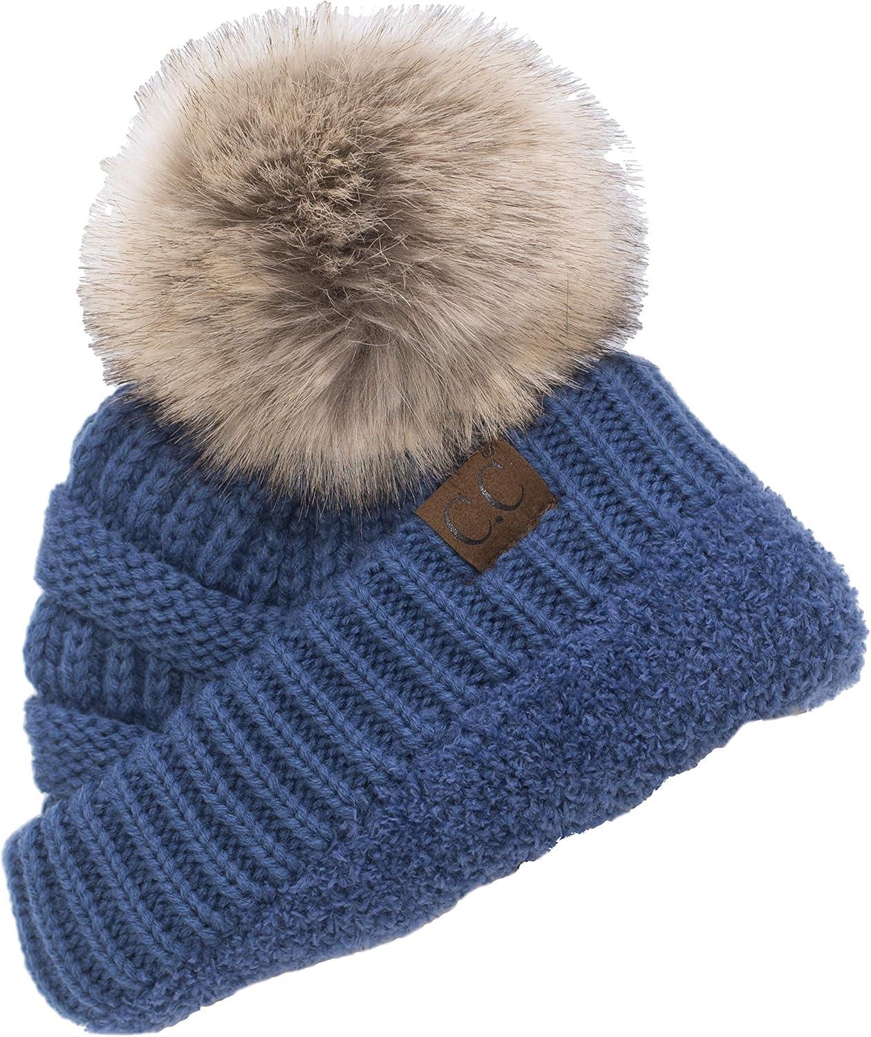 imageCC Trendy Fuzzy Fleece Lined Warm Comfortable Soft Stretch Cable Knit Ribbed Faux Fur Pom Pom Beanie HatDark Denim Blue