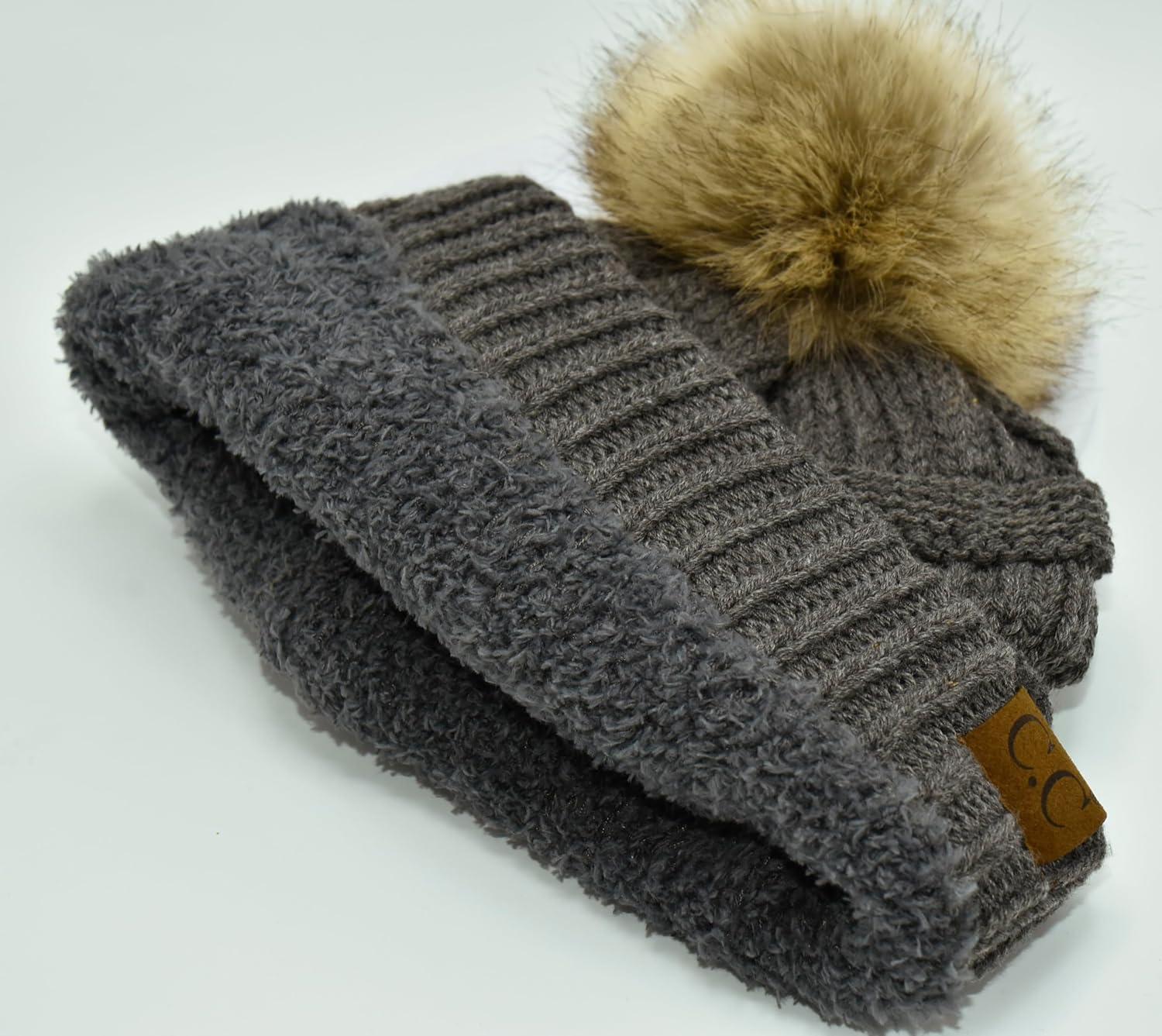 imageCC Trendy Fuzzy Fleece Lined Warm Comfortable Soft Stretch Cable Knit Ribbed Faux Fur Pom Pom Beanie HatEarth Grey