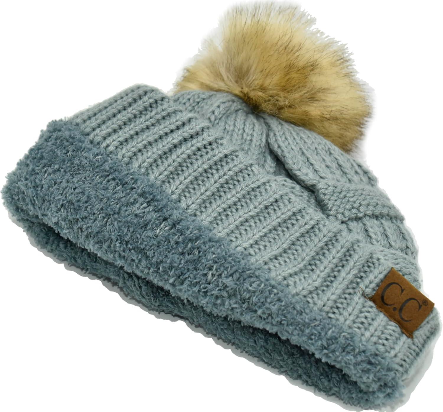 imageCC Trendy Fuzzy Fleece Lined Warm Comfortable Soft Stretch Cable Knit Ribbed Faux Fur Pom Pom Beanie HatWinter Mint Green