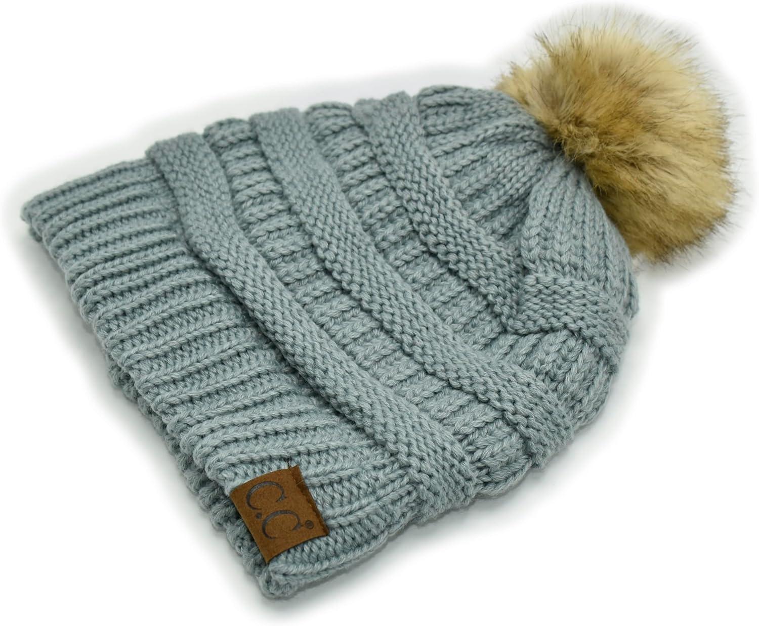 imageCC Trendy Fuzzy Fleece Lined Warm Comfortable Soft Stretch Cable Knit Ribbed Faux Fur Pom Pom Beanie HatWinter Mint Green