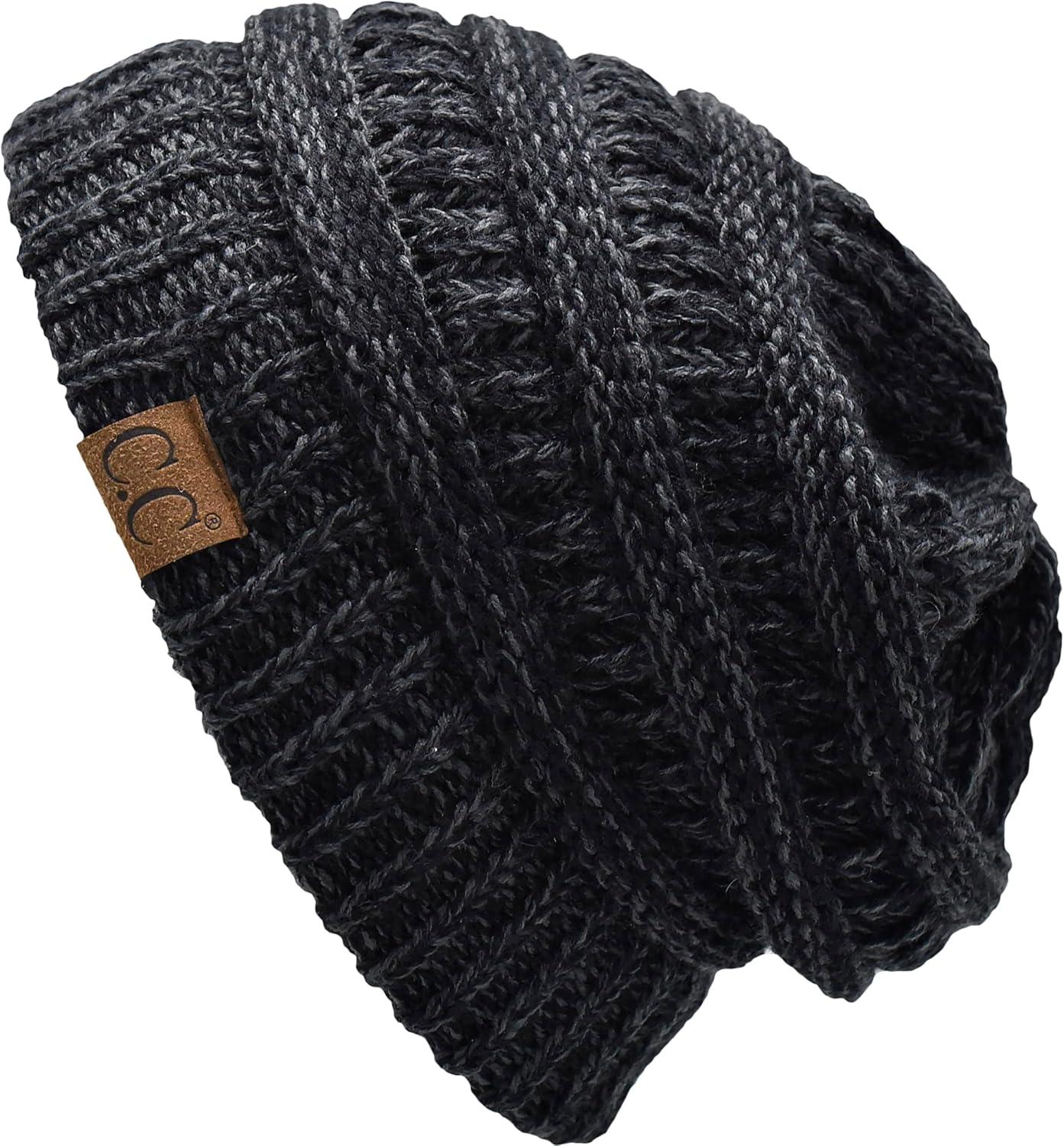 imageCC Trendy Warm Chunky Soft Stretch Cable Knit Beanie2 Tone BlackCharcoal