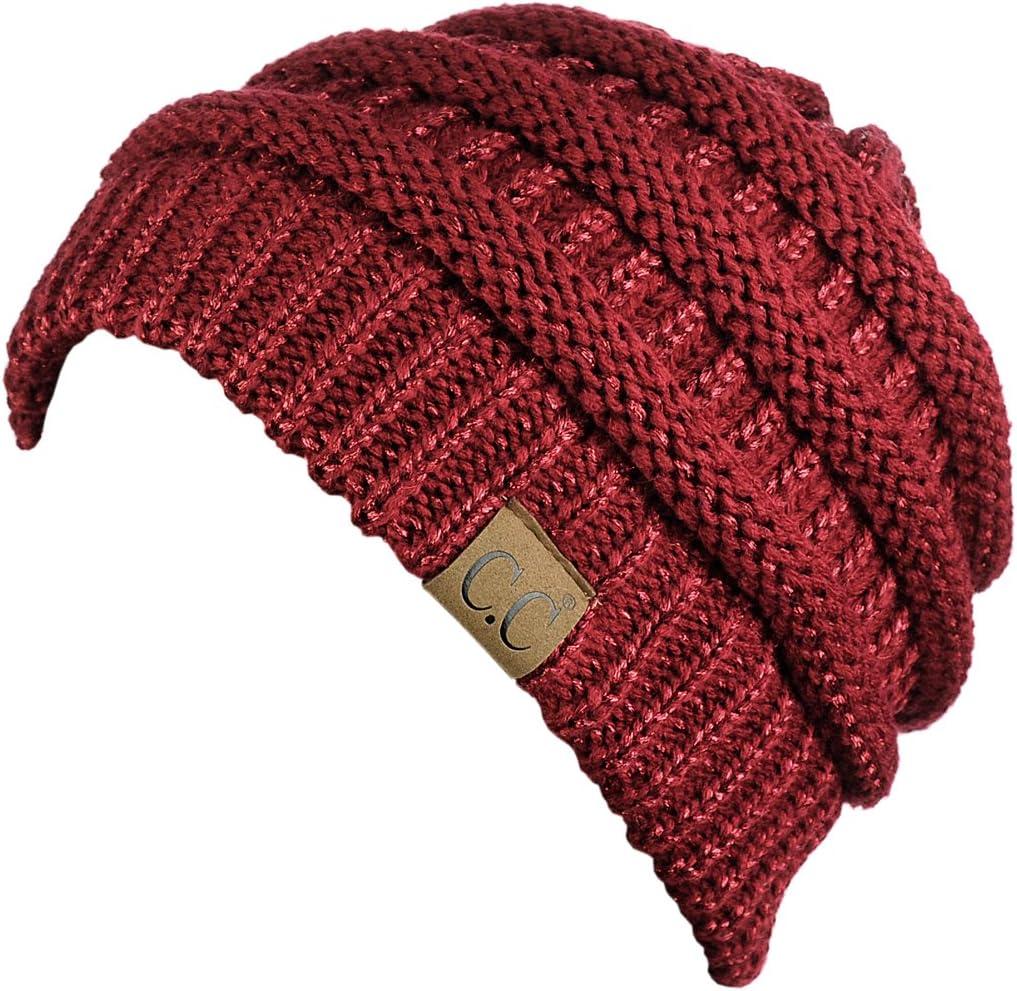 imageCC Trendy Warm Chunky Soft Stretch Cable Knit BeanieBurgundy Metallic