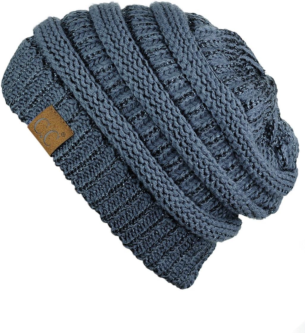 imageCC Trendy Warm Chunky Soft Stretch Cable Knit BeanieDark Denim Metallic