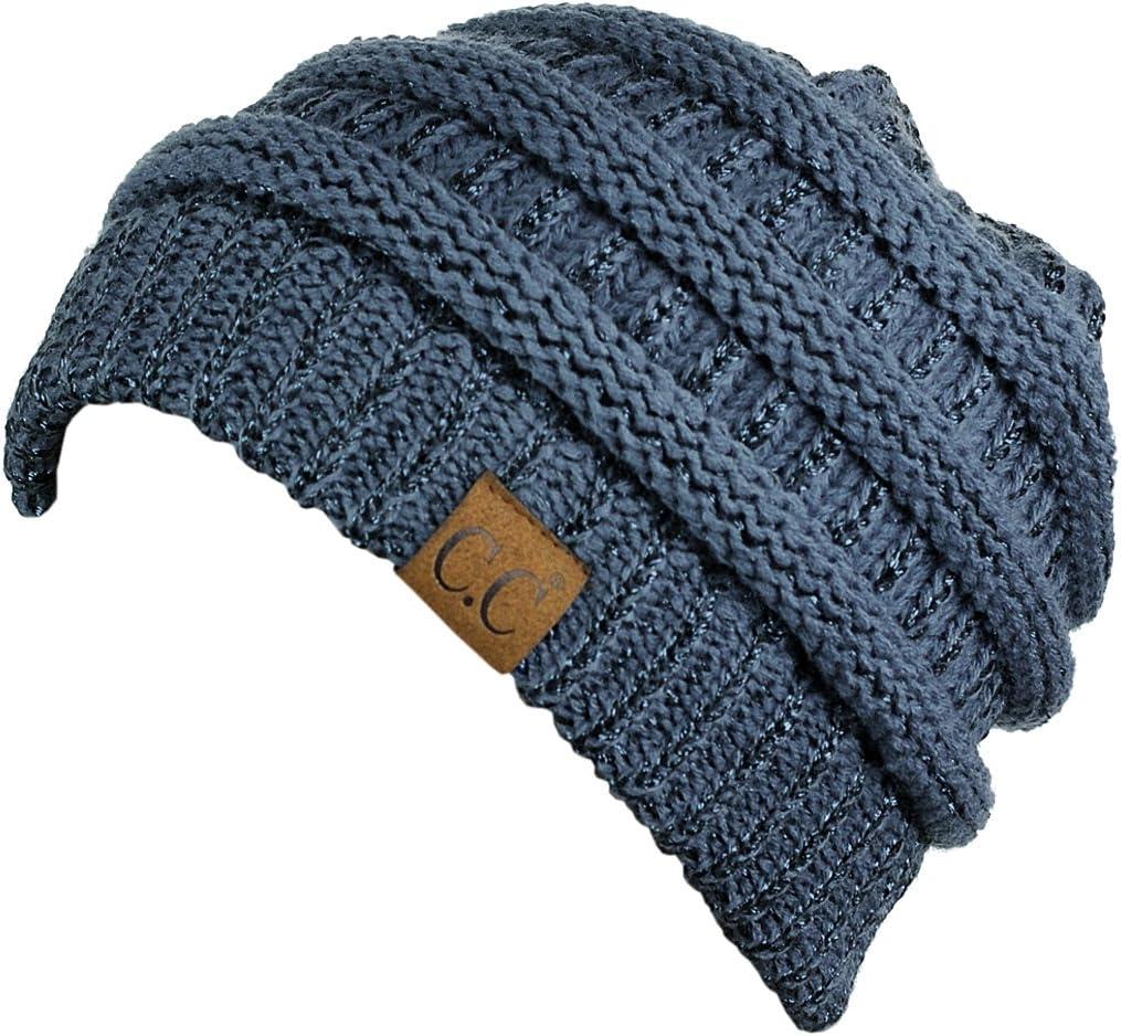 imageCC Trendy Warm Chunky Soft Stretch Cable Knit BeanieDark Denim Metallic