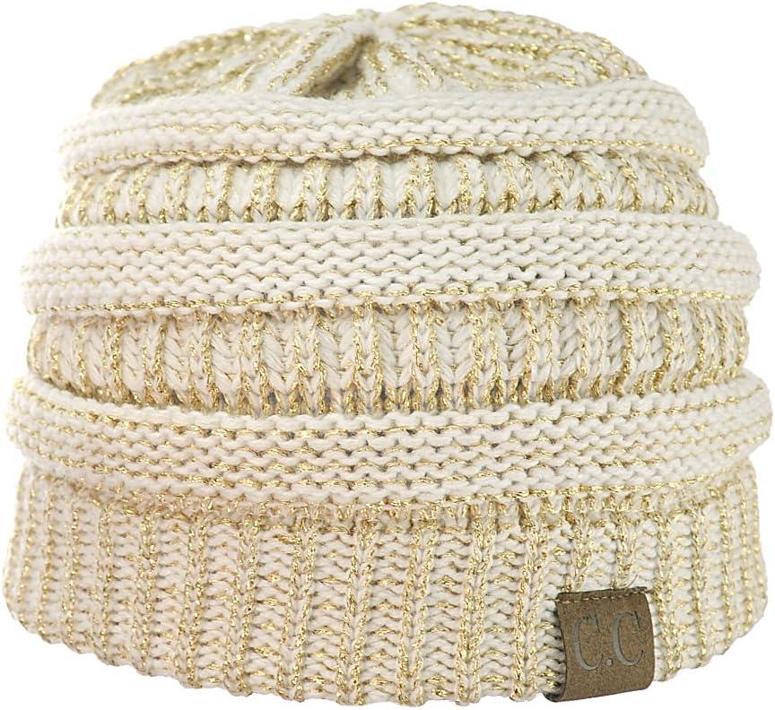 imageCC Trendy Warm Chunky Soft Stretch Cable Knit BeanieIvoryMet Gold