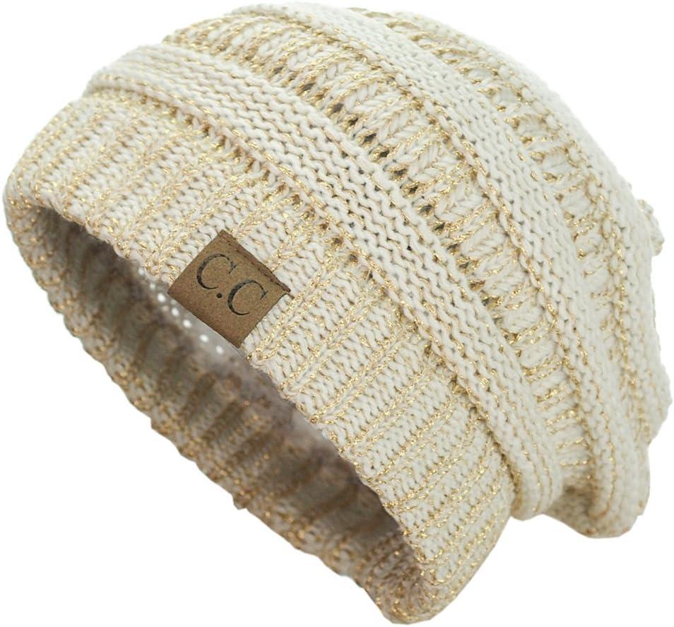 imageCC Trendy Warm Chunky Soft Stretch Cable Knit BeanieIvoryMet Gold