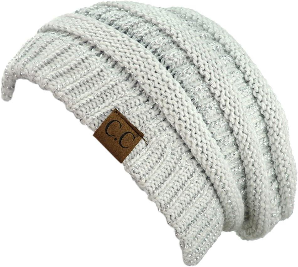 imageCC Trendy Warm Chunky Soft Stretch Cable Knit BeanieIvoryMet Silver