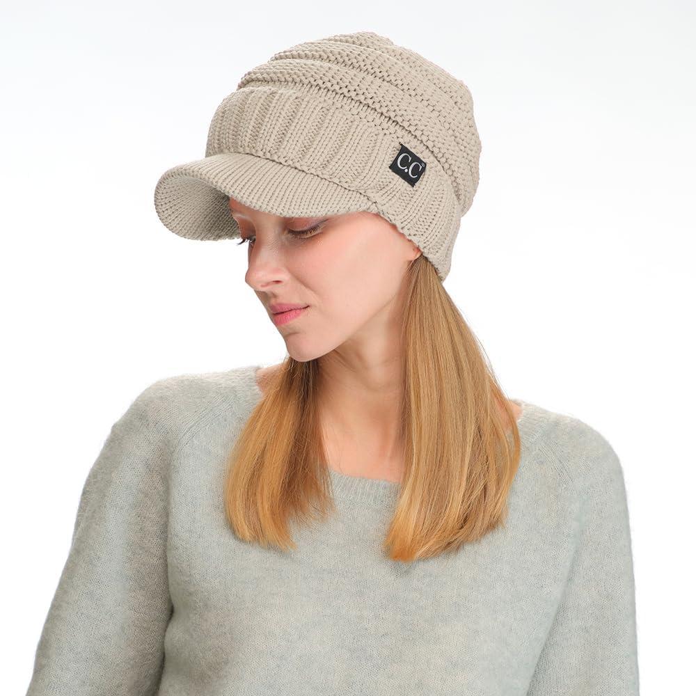 imageCC Trendy Warm Oversized Chunky Soft Oversized Ribbed Slouchy Knit Hat with Visor BrimBeige
