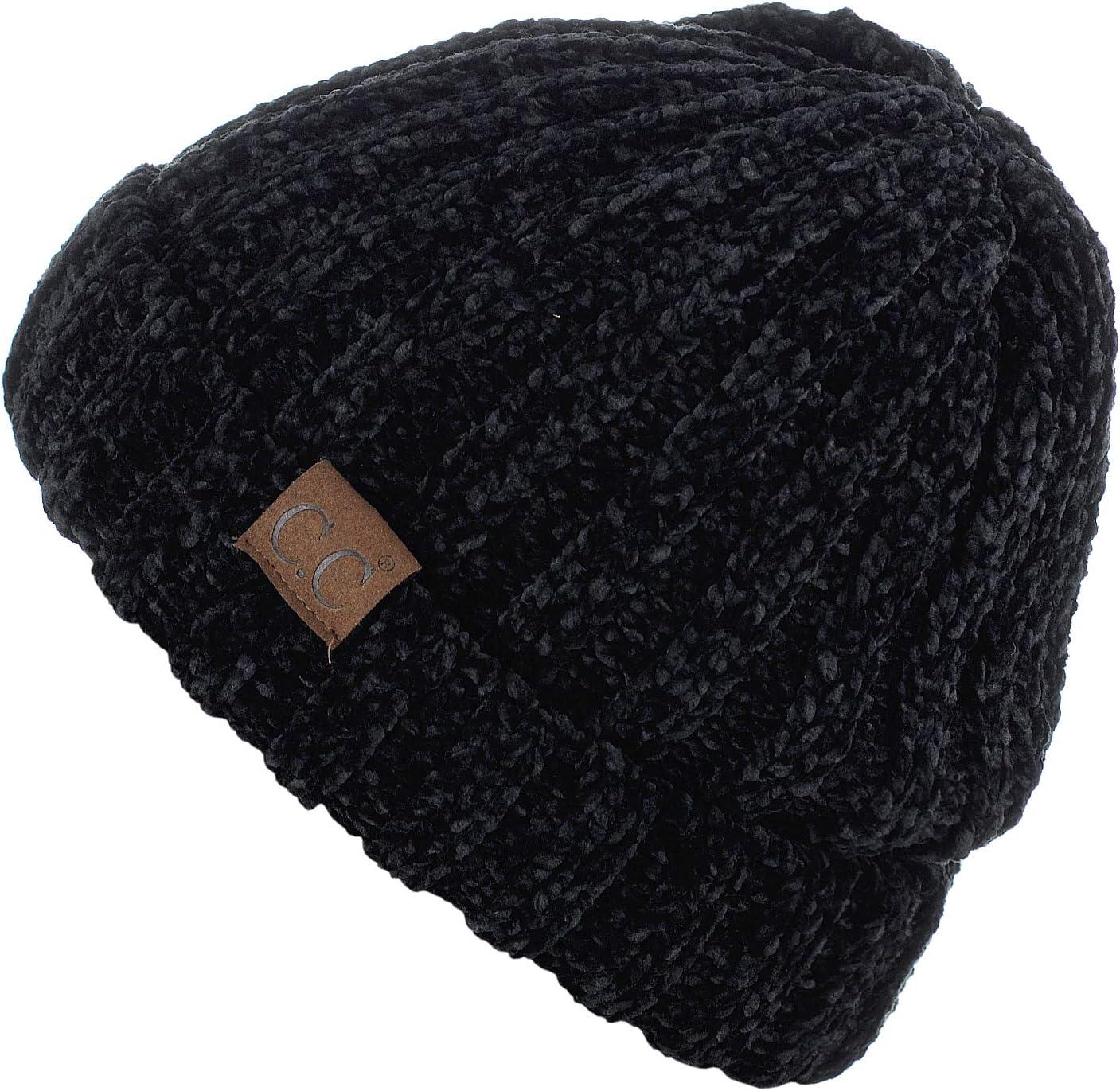 imageCC Unisex Chenille Soft Warm Stretchy Thick Cuffed Knit Beanie Cap HatBlack