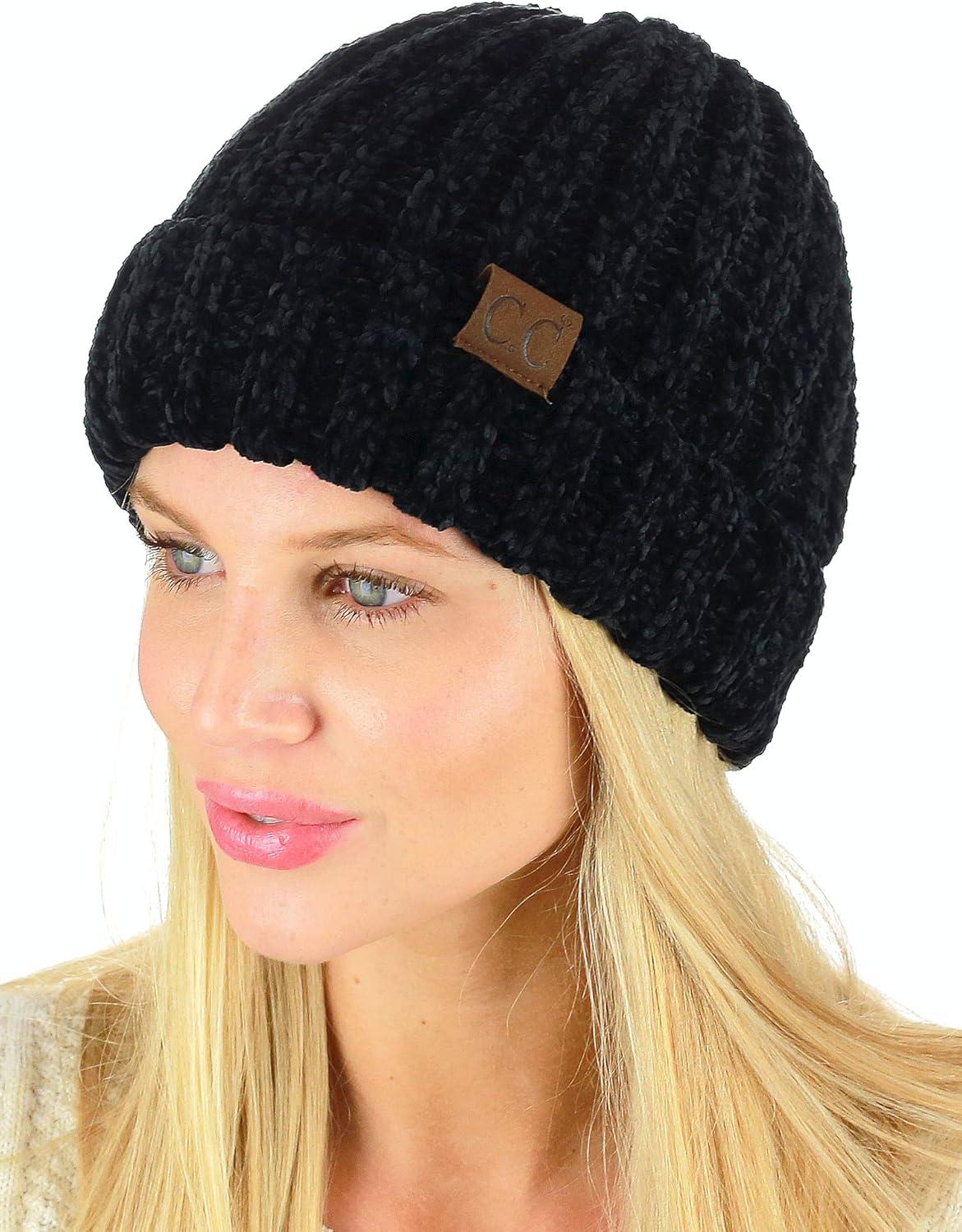 imageCC Unisex Chenille Soft Warm Stretchy Thick Cuffed Knit Beanie Cap HatBlack