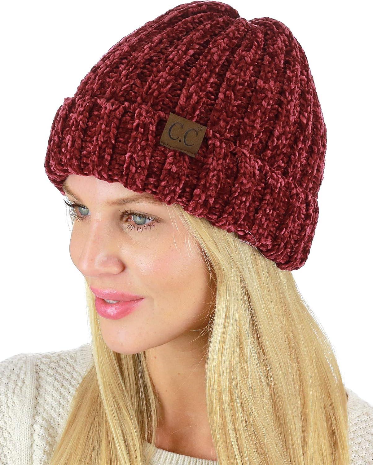 imageCC Unisex Chenille Soft Warm Stretchy Thick Cuffed Knit Beanie Cap HatBurgundy