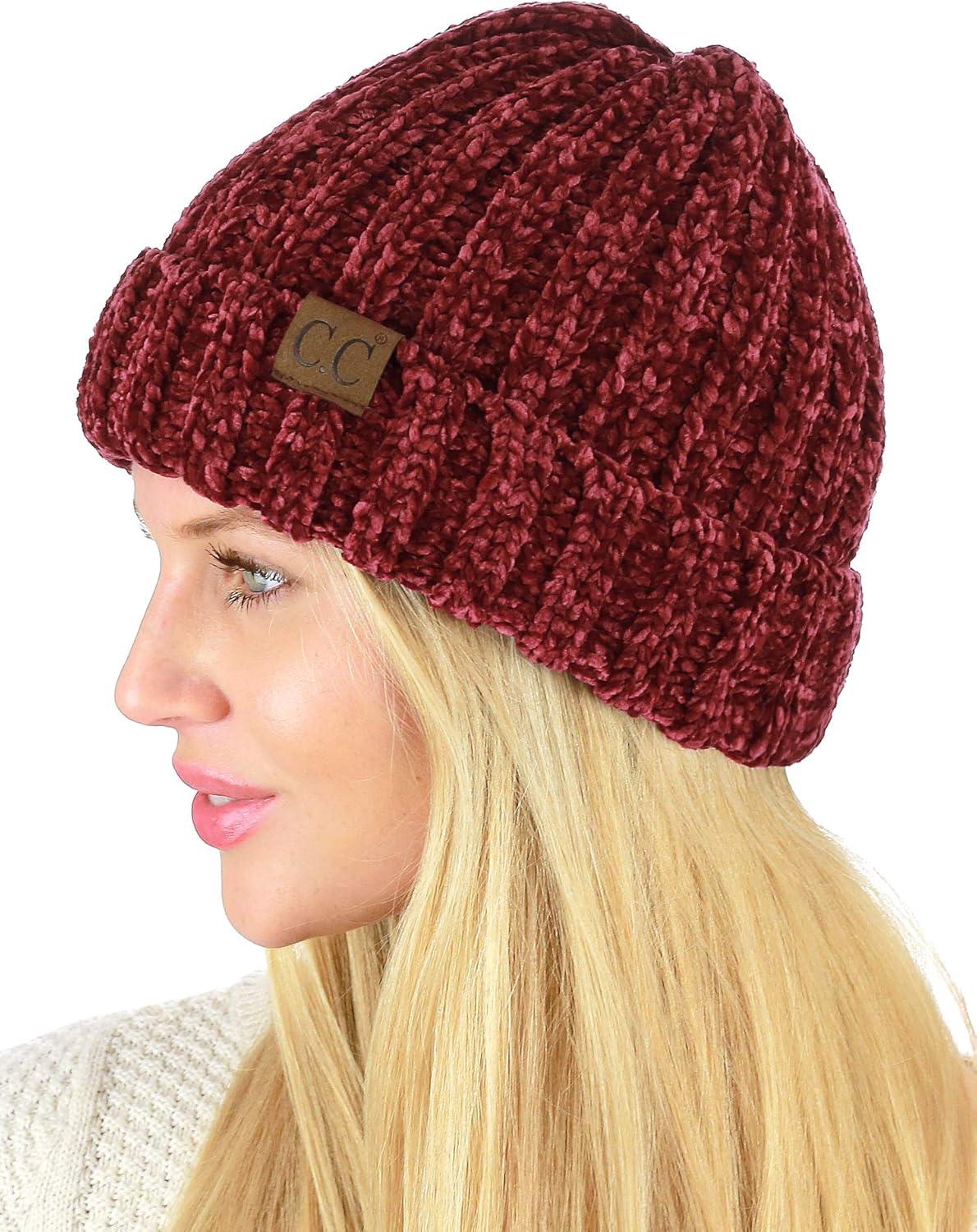 imageCC Unisex Chenille Soft Warm Stretchy Thick Cuffed Knit Beanie Cap HatBurgundy