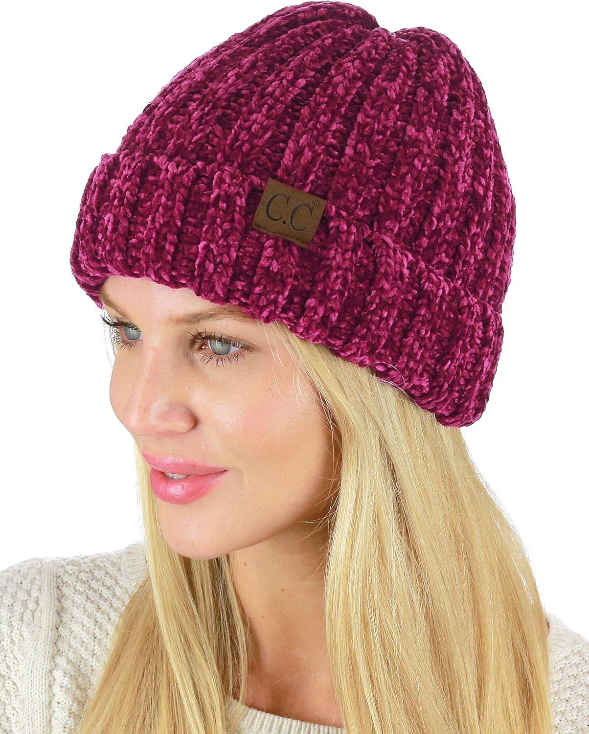 imageCC Unisex Chenille Soft Warm Stretchy Thick Cuffed Knit Beanie Cap HatHot Pink