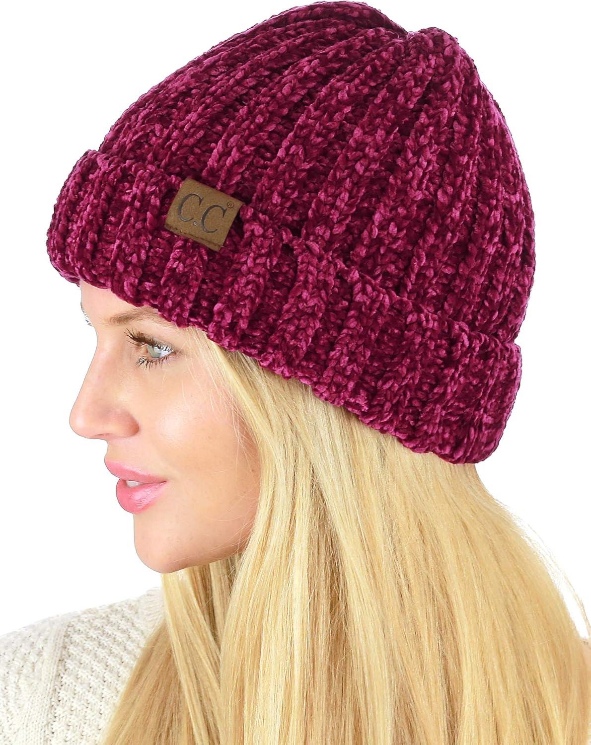 imageCC Unisex Chenille Soft Warm Stretchy Thick Cuffed Knit Beanie Cap HatHot Pink