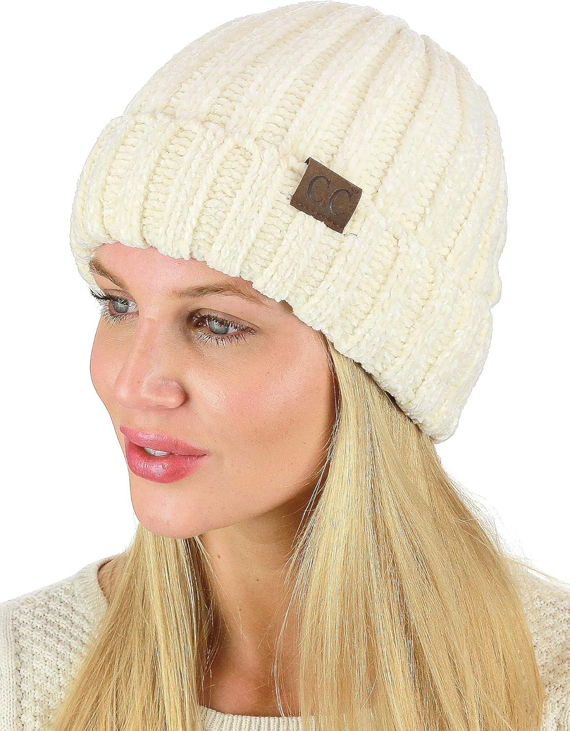 imageCC Unisex Chenille Soft Warm Stretchy Thick Cuffed Knit Beanie Cap HatIvory