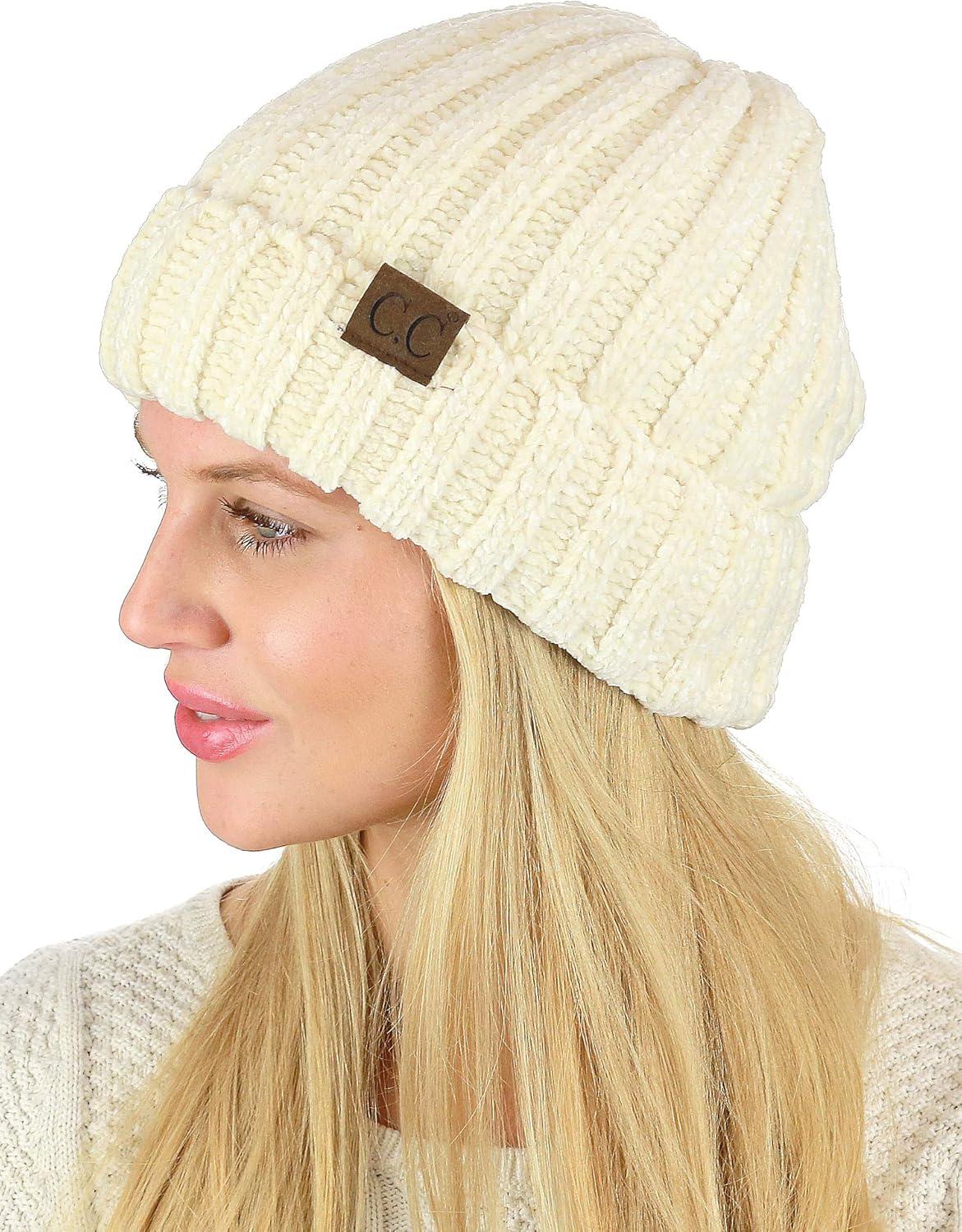 imageCC Unisex Chenille Soft Warm Stretchy Thick Cuffed Knit Beanie Cap HatIvory