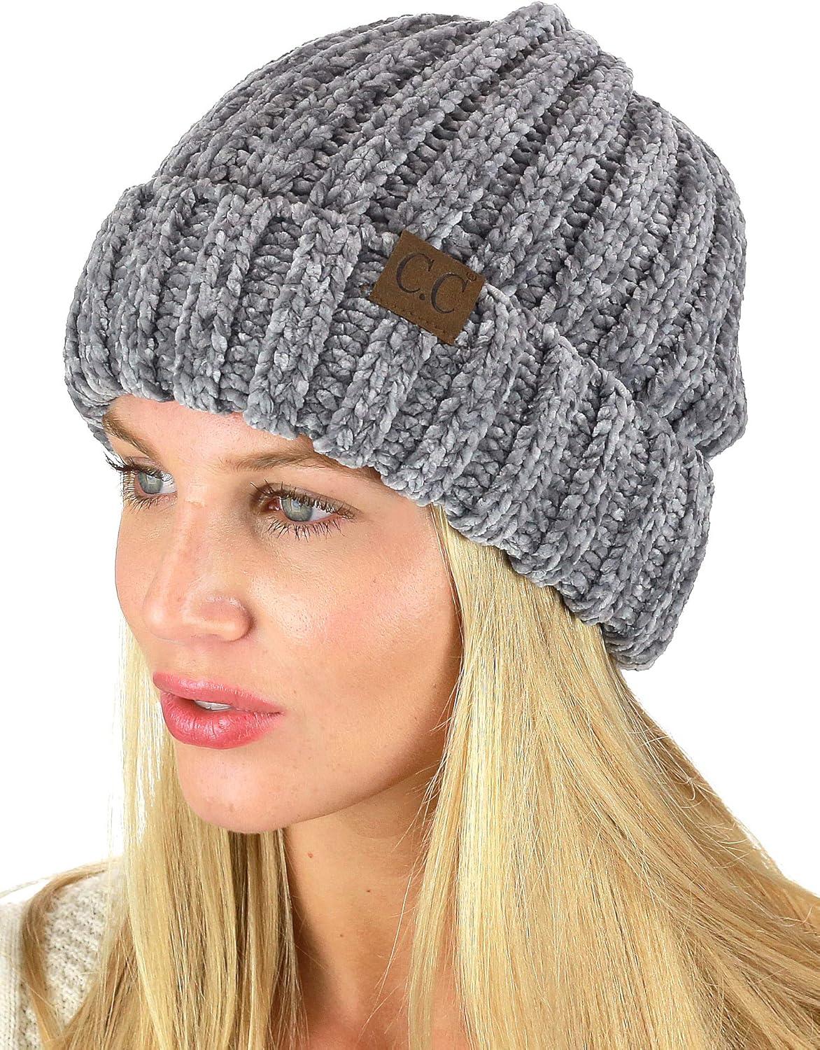 imageCC Unisex Chenille Soft Warm Stretchy Thick Cuffed Knit Beanie Cap HatLight Mel Grey