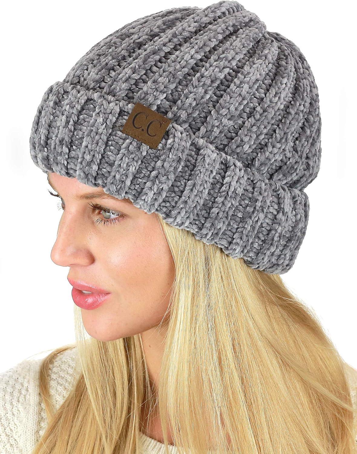 imageCC Unisex Chenille Soft Warm Stretchy Thick Cuffed Knit Beanie Cap HatLight Mel Grey