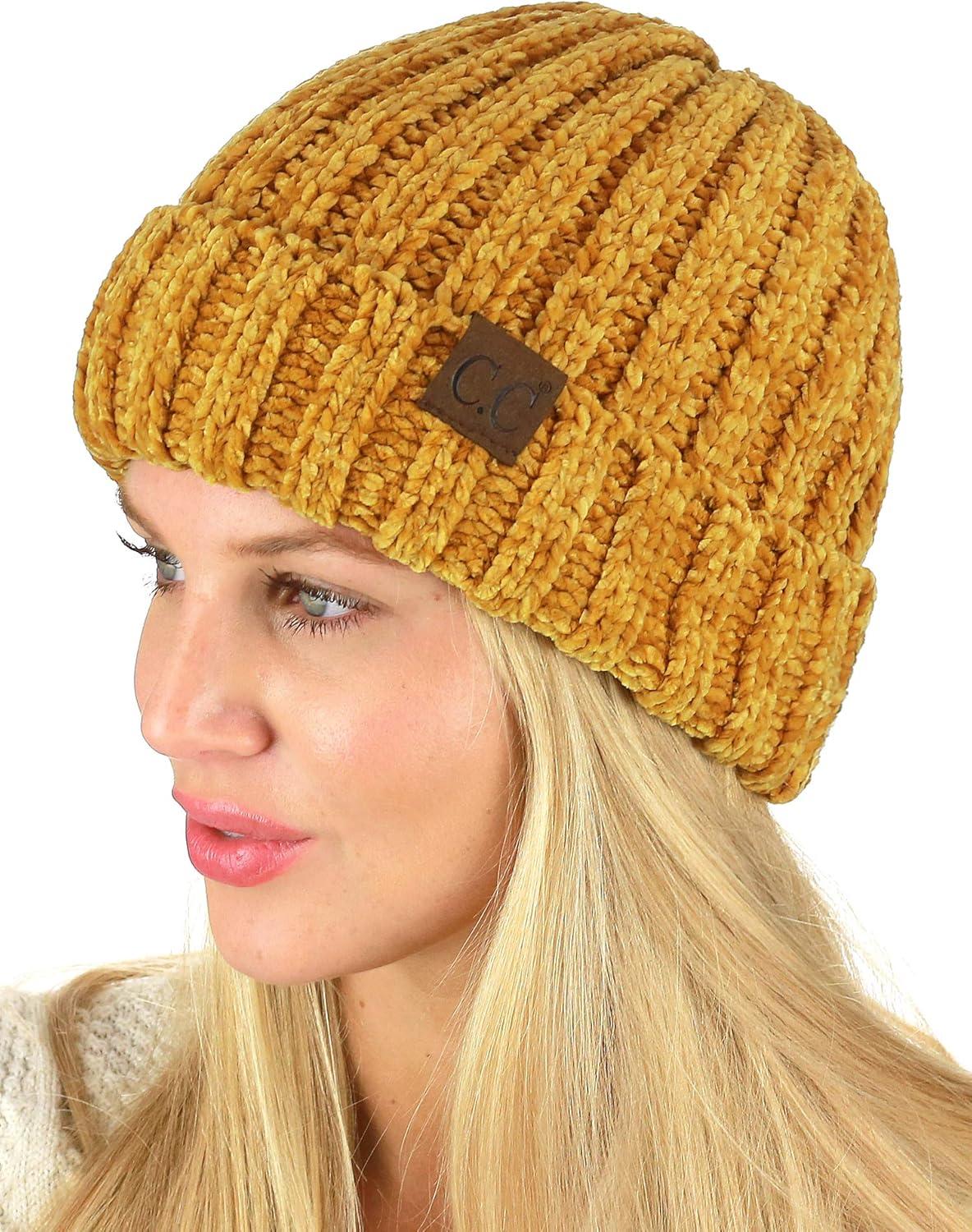 imageCC Unisex Chenille Soft Warm Stretchy Thick Cuffed Knit Beanie Cap HatMustard